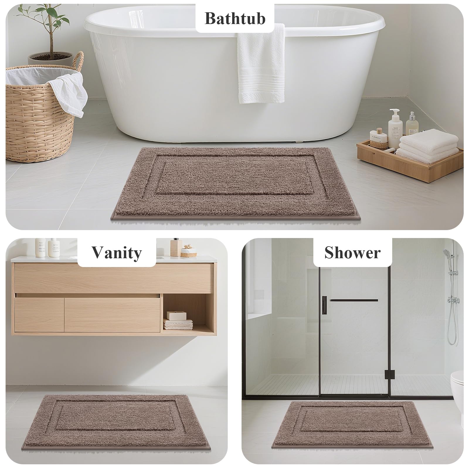 SHACOS Black Bathroom Rugs Sets 3 Piece, 16"x24" + 20"x32" Non Slip Bath Mat and 20"x24" Toilet Rugs U Shaped Washable, Soft Fluffy Water Absorbent Bath Rugs for Bathroom