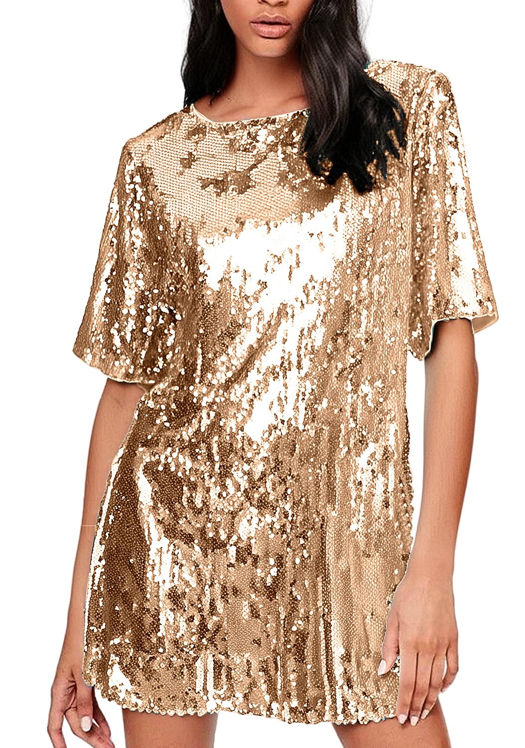 Women's Crew Neck Sequin Dress for Women Sexy V Neck Shirt Dress Sparkly Half Sleeve Loose Party Club Cocktail Dress