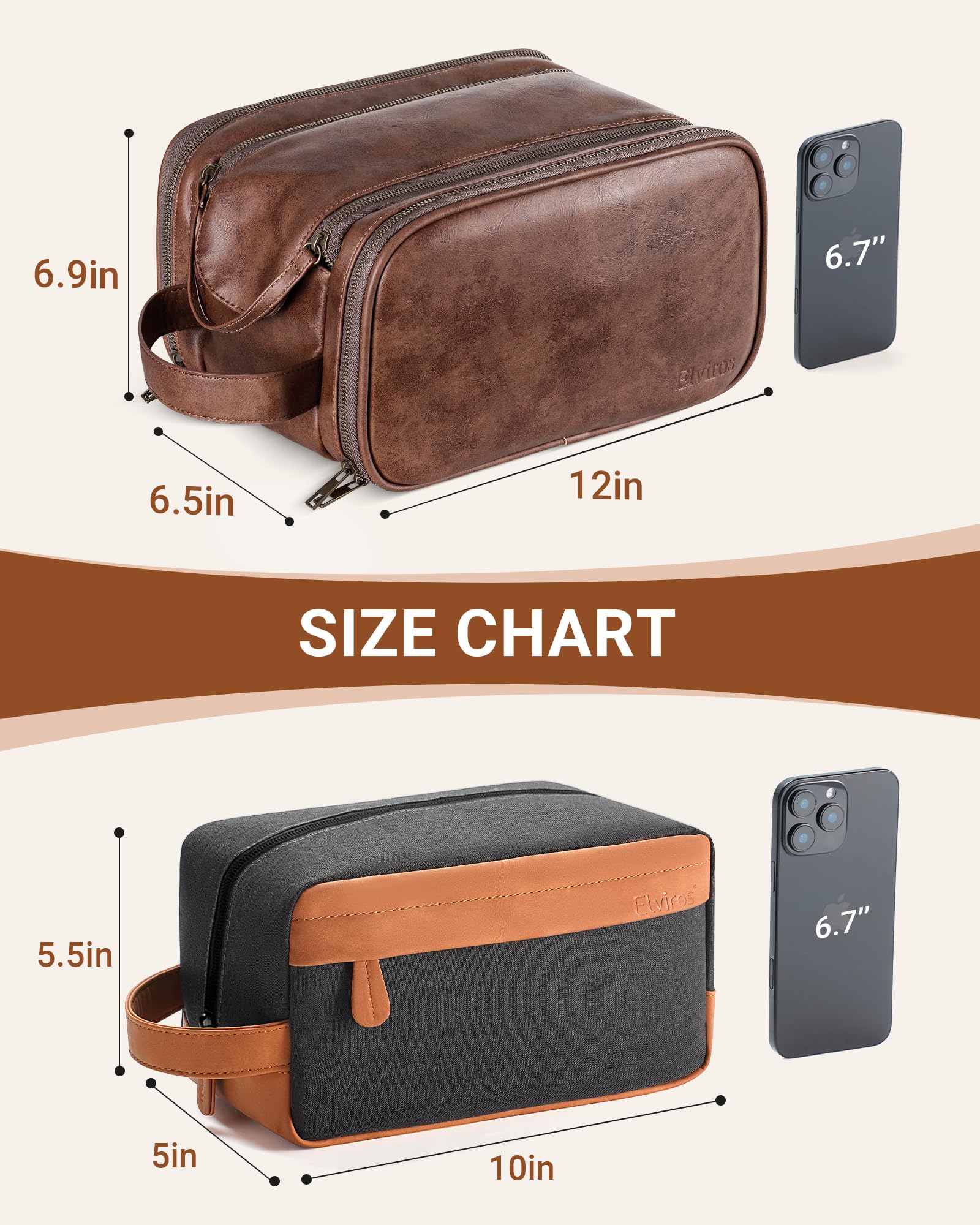 Elviros Travel Toiletry Bag for Men, Shaving Dopp Kit Water-resistant Bathroom Small Toiletries Organizer PU Leather Cosmetic Bags