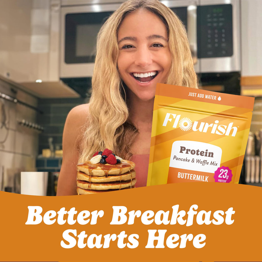 Flourish Protein Pancake & Waffle Mix, with Whey Protein & Flax Seed, No Added Sugar, High in Protein & Fiber - Just Add Water - Birthday Cake Flavour 16oz (2 pack)