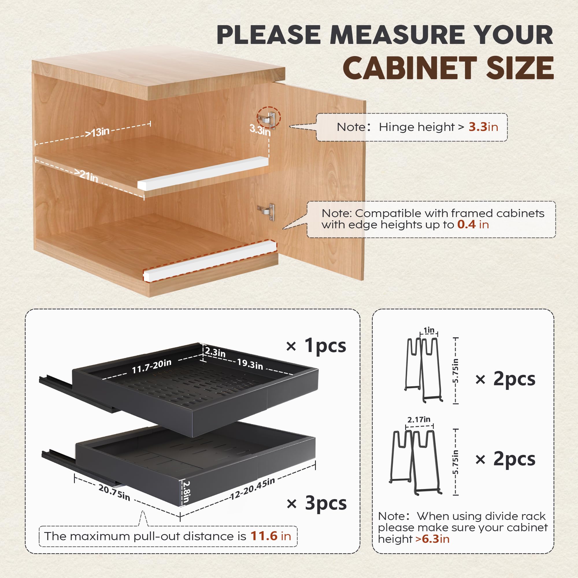 Seinloes 4 Pack Pull Out Cabinet Organizers 21" Deep With Raising Pad for Framed Cabinets, Expandable Width (15.2"-26.3") Slide Out Drawers Upgrade 3 Slide Rails, Roll Out Shelves Adhesive, Black