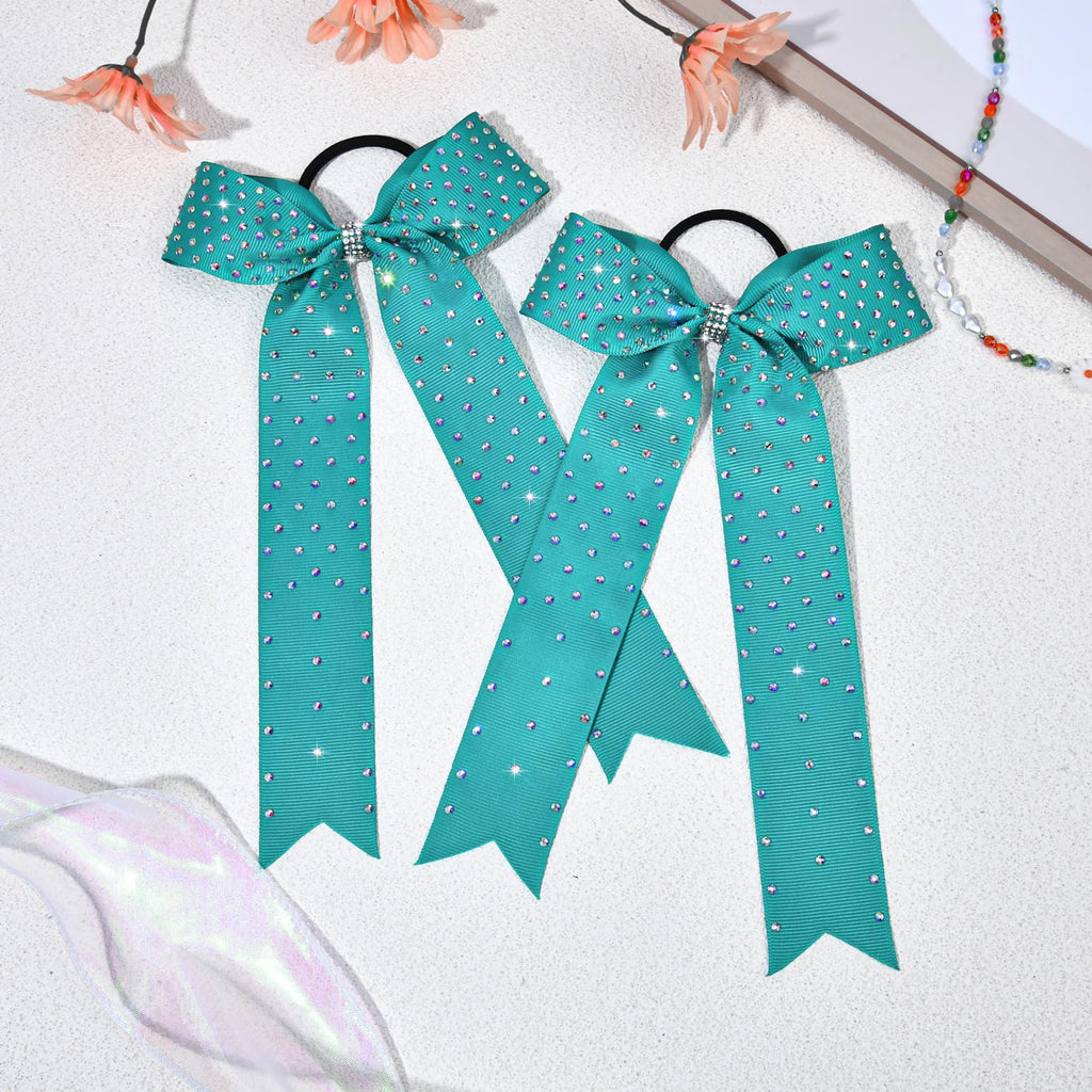 DEEKA 12 Count Collegiate Style Cheer Bows, Forest Green with Rhinestones, Handmade Bows for Girls Teens Cheerleader Sports