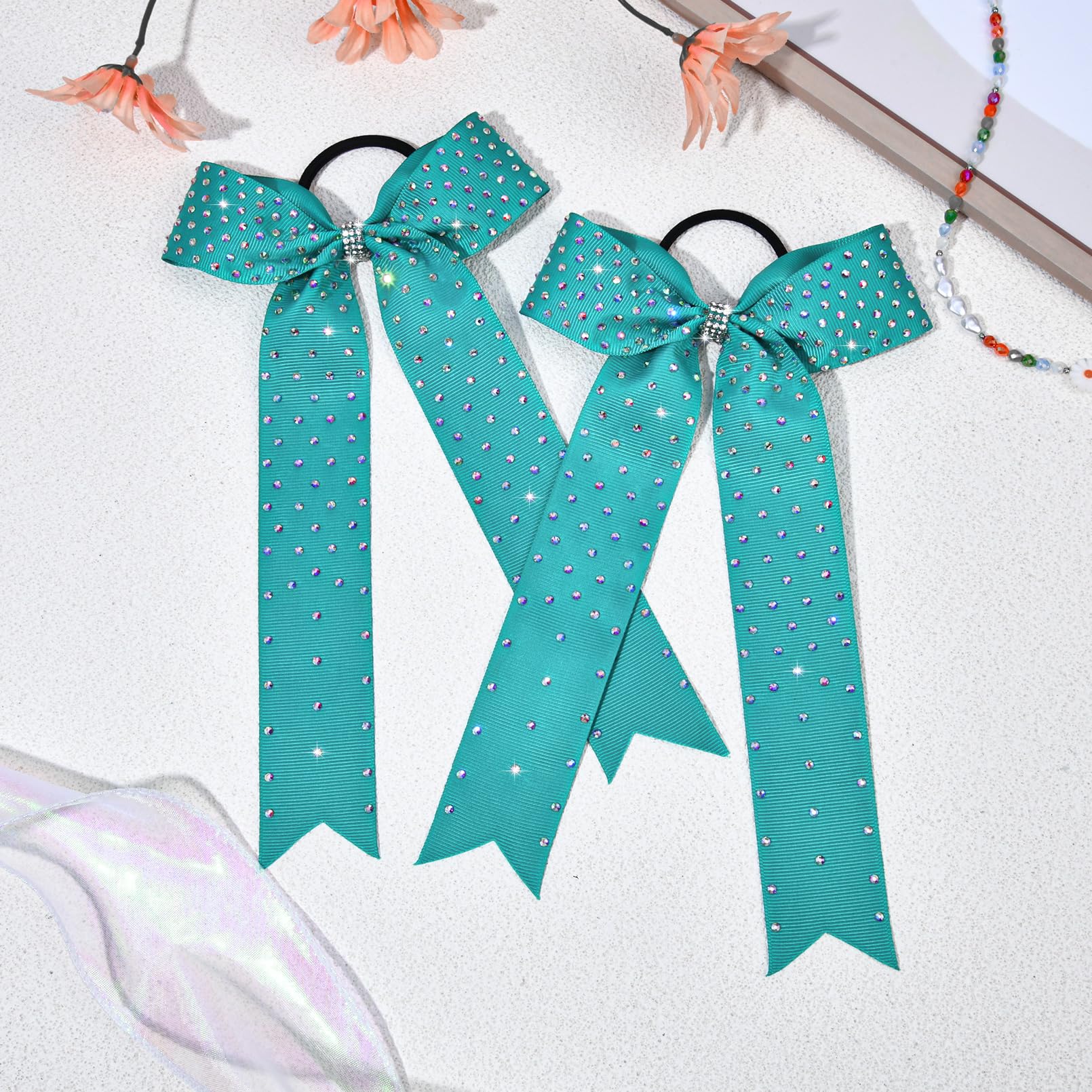 DEEKA 12 Count Collegiate Style Cheer Bows, Forest Green with Rhinestones, Handmade Bows for Girls Teens Cheerleader Sports