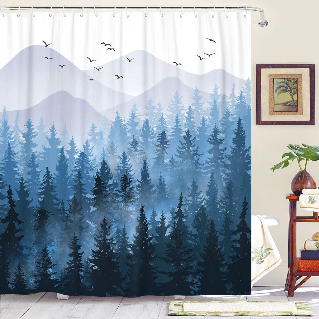 Stall Small Black and White Misty Forest Shower Curtain Ombre Gray Grey Mountain Pine Tree Waterproof Fabric Shower Curtains for Bathroom Nature Woodland Decorative Bath Curtain Decor 36×72 Inches