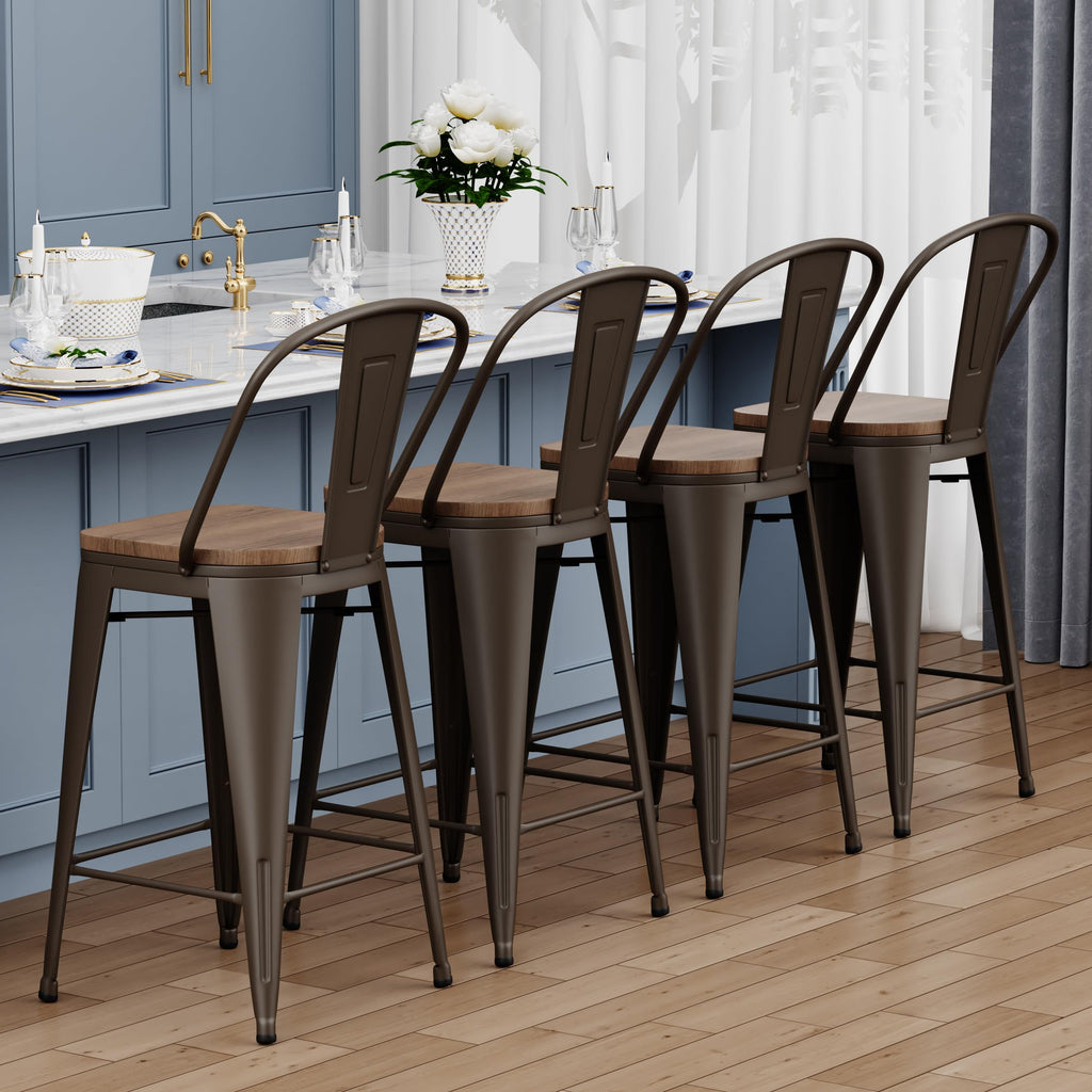 Barstools Set of 4 Counter Height Bar Stools for Kitchen Island Farmhouse Metal High Back Bar Chairs Wooden Seat 24" Matte Black