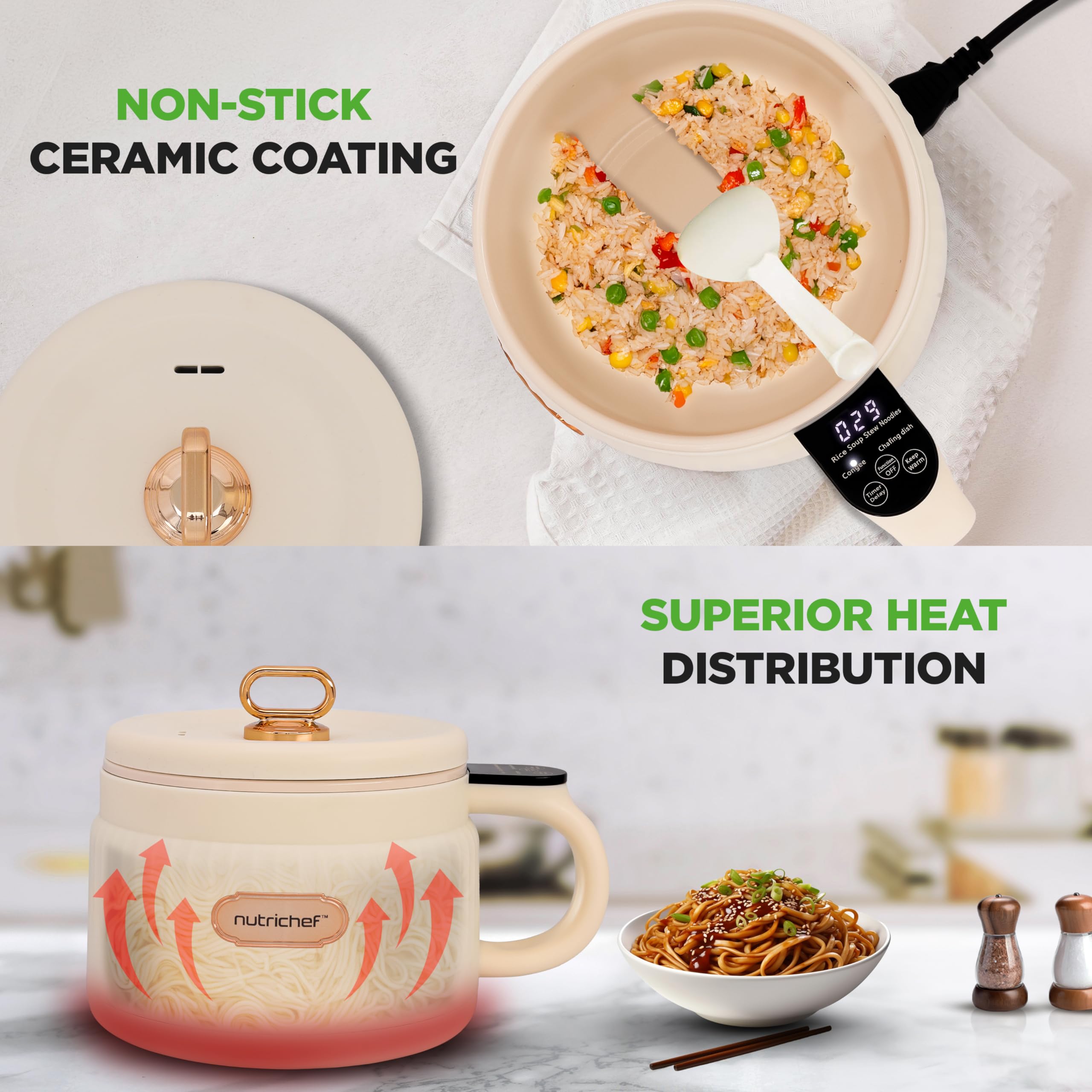 NutriChef 1.6 QT Portable Electric Rice Cooker & Lunch Maker | Multi-Functional & Non-Stick Ceramic Coating | Digital Control Panel | 6 Cook Functions: Rice, Soup, Stew, Porridge & More | Black