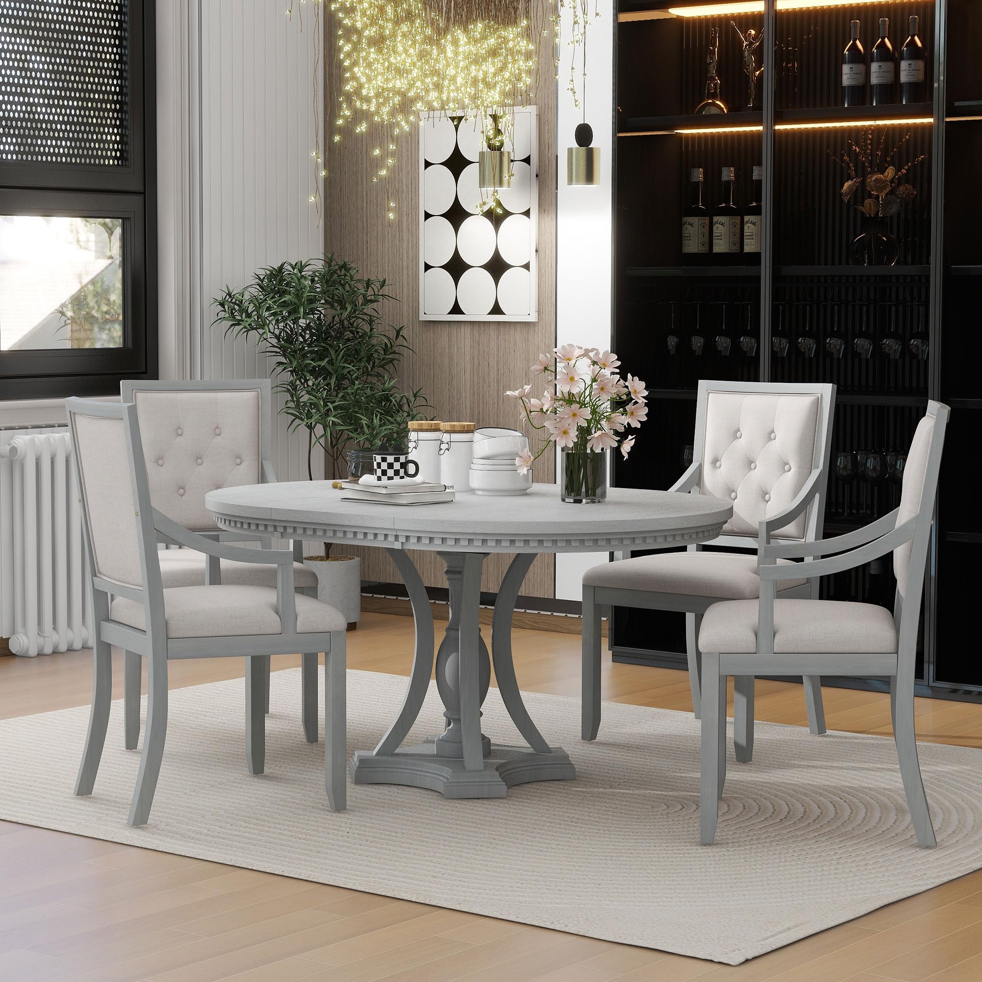 LUMISOL 5-Piece Dining Table Set for 4, Farmhouse Round Kitchen Table Set with Special Shaped Legs and 4 Upholstered Chairs for Kitchen, Dining Room, Small Space, Antique Blue