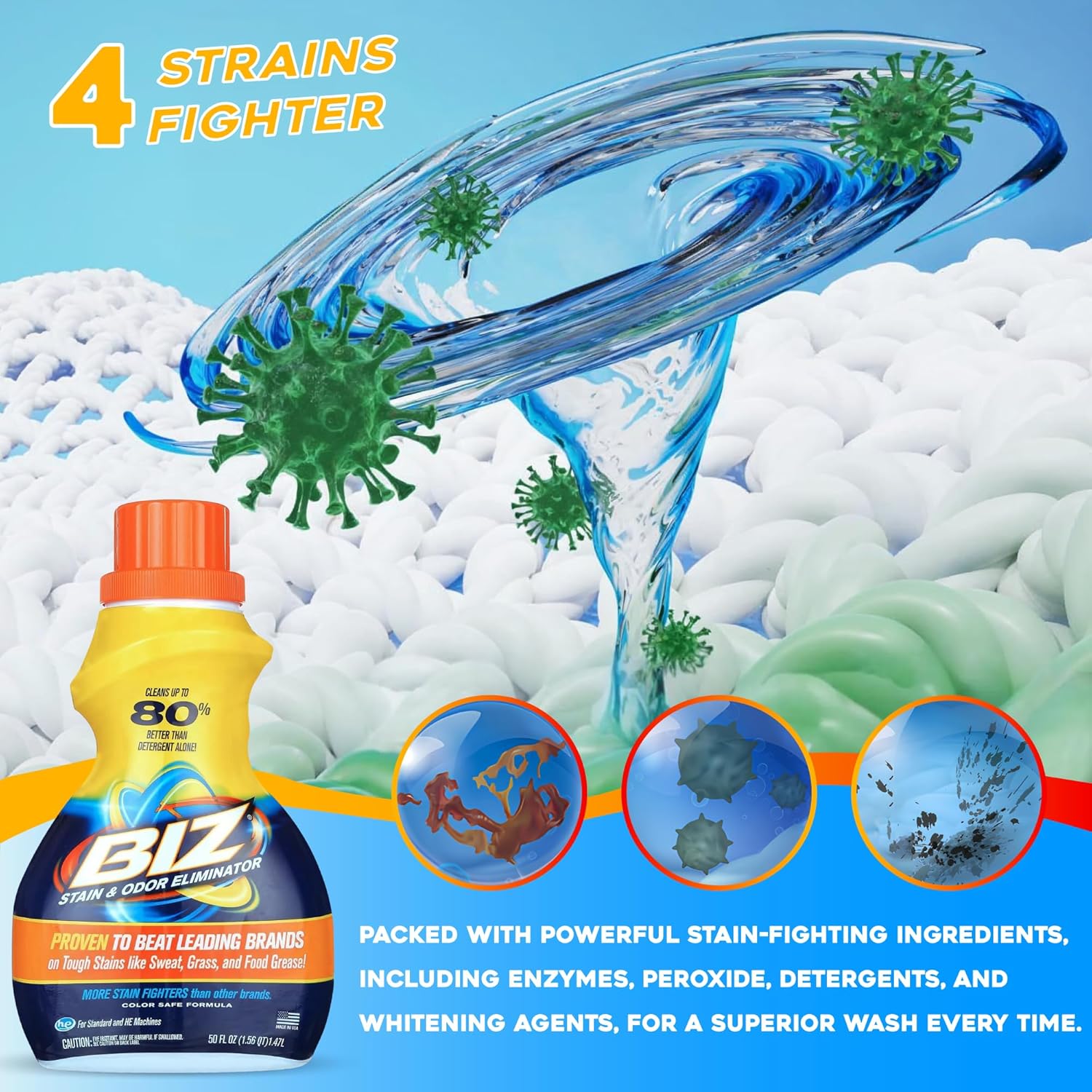 Biz Laundry Detergent Liquid Booster, Stain and Odor Eliminator for Tough Stains Like Sweat Grass and Food Grease, Best Stain Remover for Clothes, Color Safe, Bleach Free, 2 Pack, 100 fl oz Total