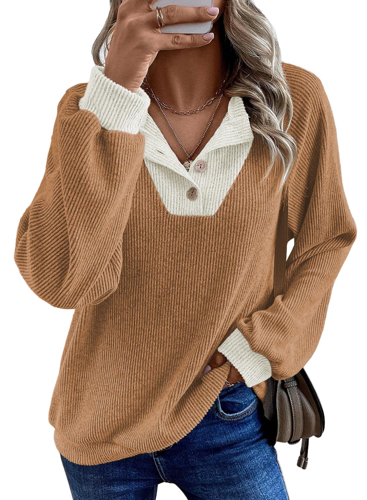 EVALESS Womens Fall Fashion 2026 Womens Long Sleeve Shirts Patchwork Button Up V Neck Sweatshirt Casual Pullover Tops