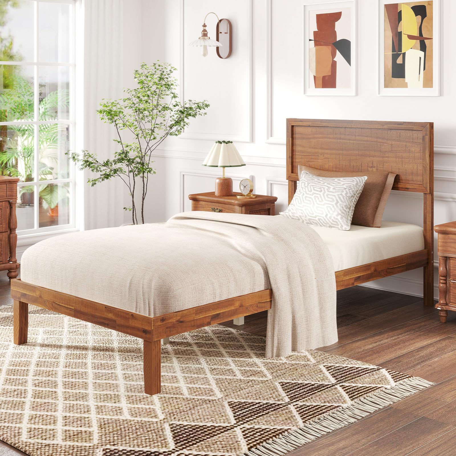 Giantex Wood Twin Bed Frames with Headboard, Solid Acacia Wood Platform Bed with 12 Strong Wooden Slat Support, Scandinavian Style Art Deco Twin Size Bed Frame, No Box Spring Needed, Rustic Brown