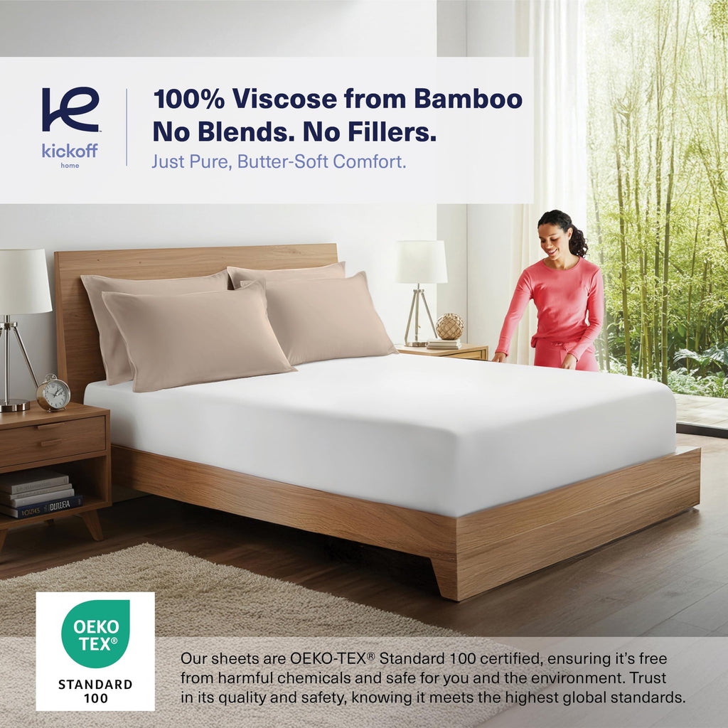 Kickoff Viscose Bamboo Fitted Sheet Twin Size, 100% Organic Cooling Sheets Fitted ONLY Viscose Bamboo Sheets Twin Size Bed Sheet for Hot Sleepers, Extra Deep Pocket, 4 Corner Strap (T, Onyx Black)