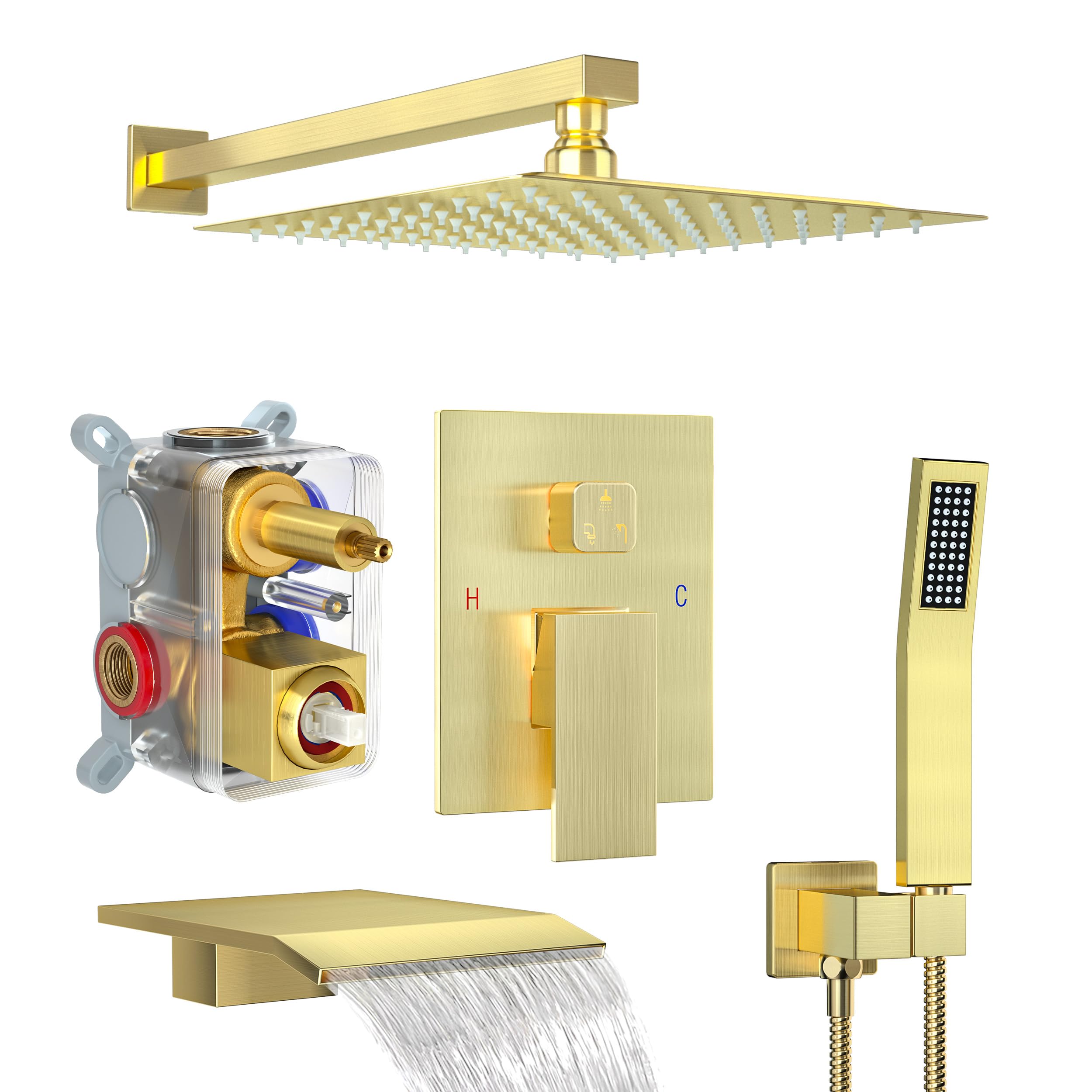 Brushed Gold Shower System with 10-Inch Rain Showerhead and Tub Spout | cUPC-certified pressure balance brass valve to prevent scalding, CEC-certified air injection technology for low pressure