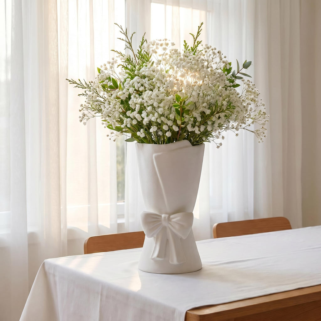 Relexome Beige Ceramic Bow Vase 9.64 in Unique Cute Modern Decorative Bouquet Flower Vases for Home Living Room Table Decor Women Girl Gifts