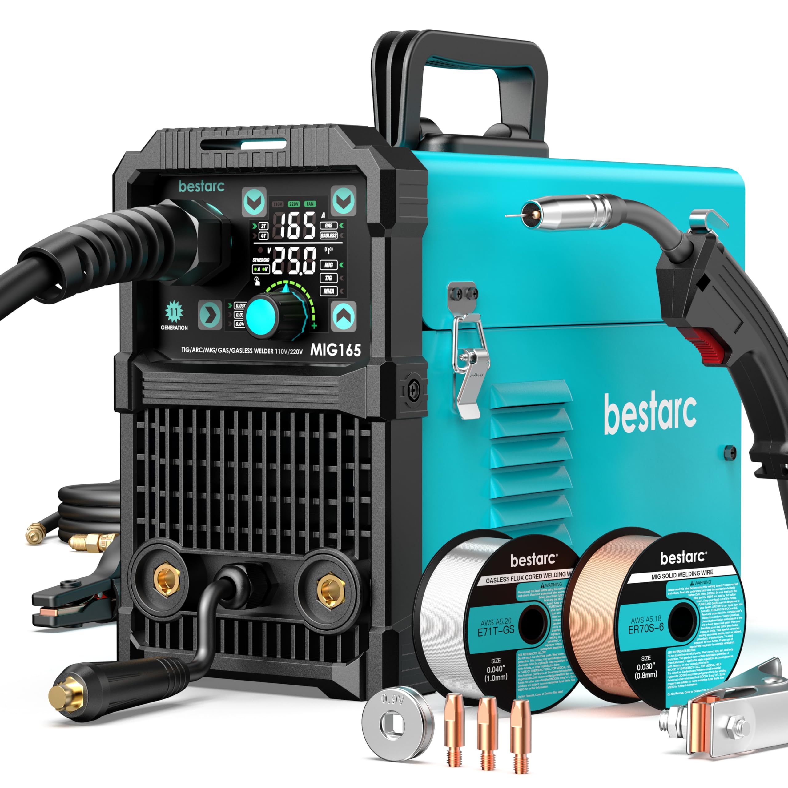 Bestarc 145A MIG Welder, 110V 220V 4 in 1 Gas/Flux Core MIG/Lift TIG/Stick Welder Machine, Large LED Display Welding Machine, IGBT Inverter Welder MIG145 Soild Gasless Synergy MIG Welder