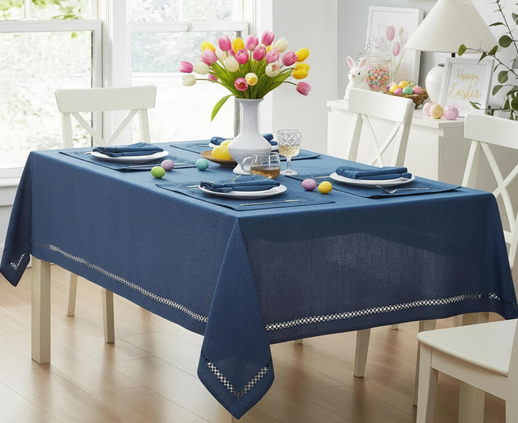 Newbridge Rectangle Fabric Placemats, Set of 4 Placemats, Provence Lattice Cutwork Solid Color Textured, Water and Stain Resistant Easy Care, Denim Blue