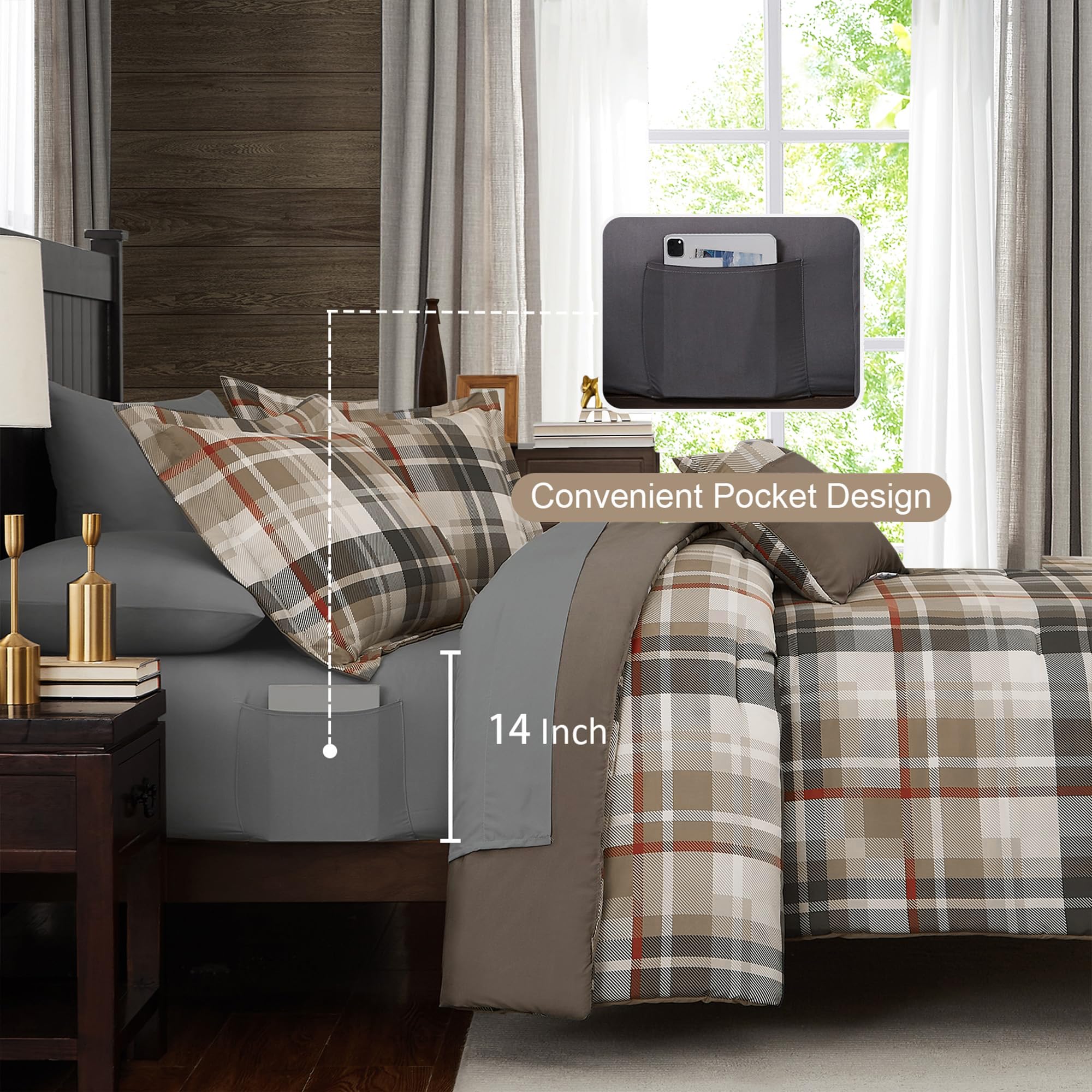 MaiRêve Queen Comforter Set, Classic Plaid Farmhouse Bedding Sets 7 Pieces, Beige All Season Bed in A Bag with Sheets, Pillowcases & Shams