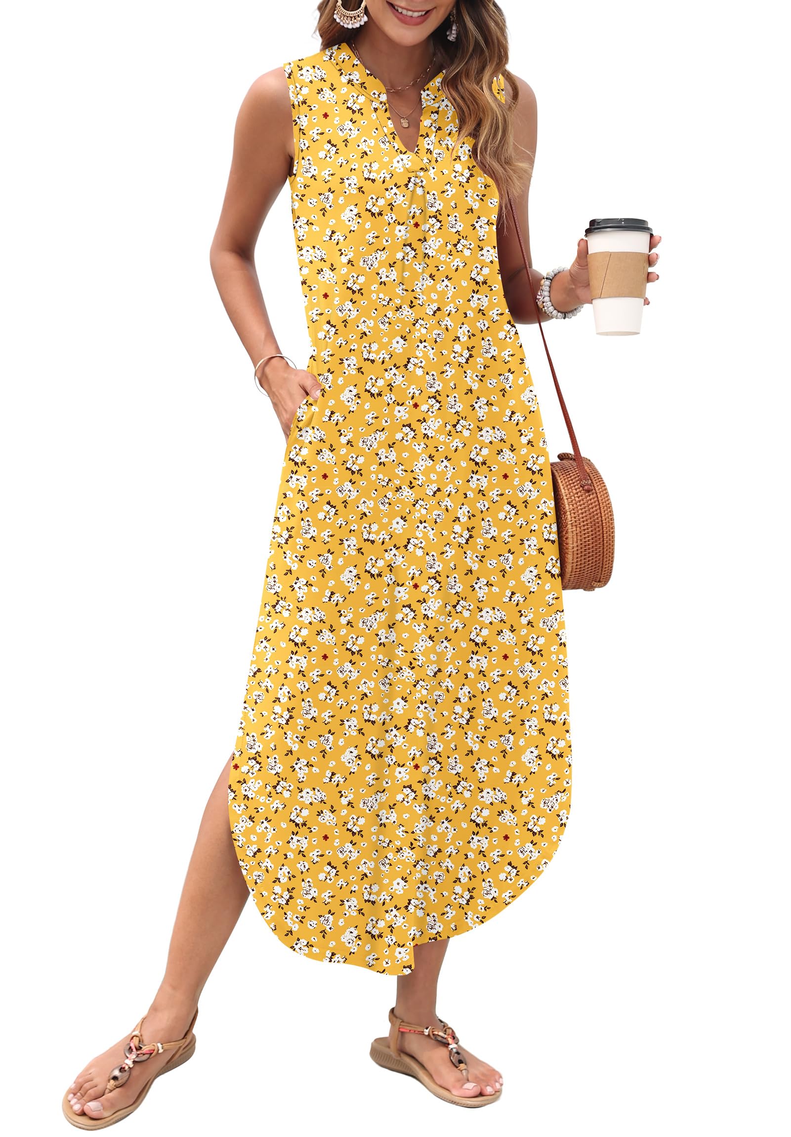 AUSELILY Womens Summer Casual Maxi Dresses 2026 Sleeveless Long Beach Dresses V Neck Loose Sundresses with Side Split Pockets
