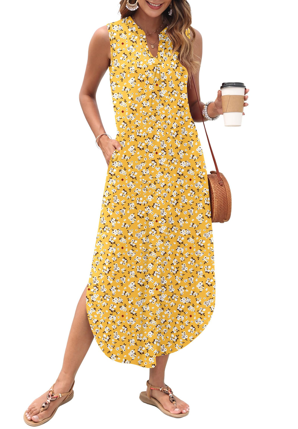 AUSELILY Womens Summer Casual Maxi Dresses 2026 Sleeveless Long Beach Dresses V Neck Loose Sundresses with Side Split Pockets
