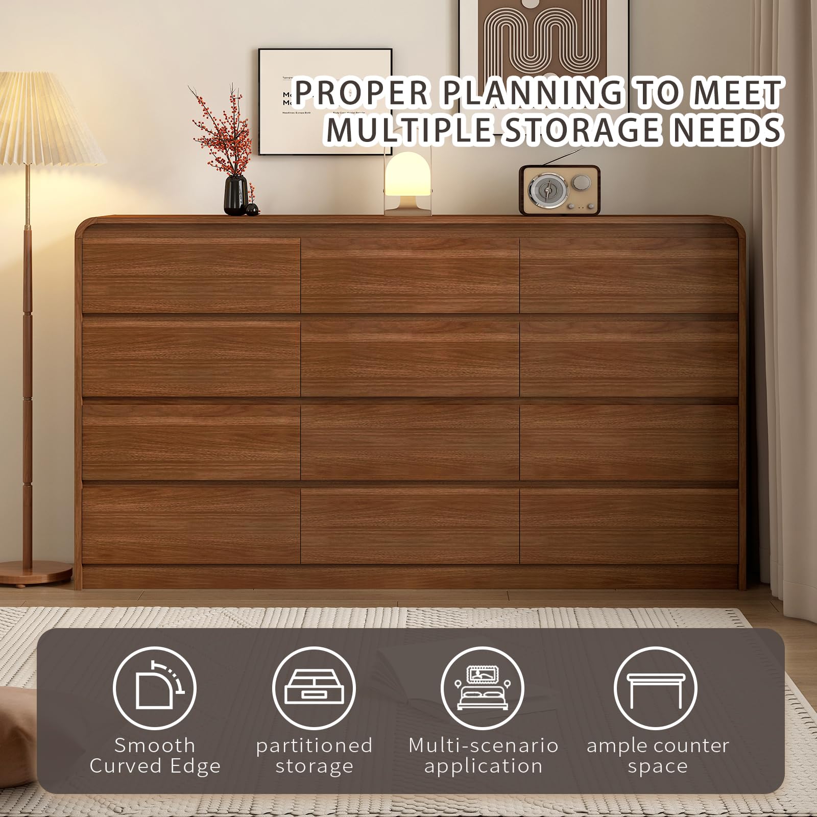 Messenya Modern 6 Drawer Dresser, 47-Inch Wood Chest of Drawers, Curved Anti-Collision Design, Mid-Century Storage Cabinet, Pre-Embedded Slots, for Bedroom, Living Room, TV Stand, Nursery