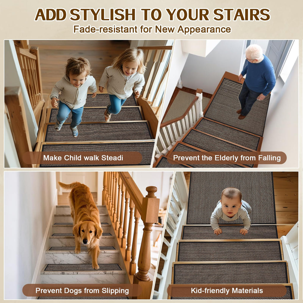 Non Slip Stair Treads for Wooden Steps, Square Rubber Backing Non Slip Stair Landing Mat, Thicken Linen Carpet Stair Runners Indoor, No Residue Stair Carpet Treads, 29"x29", Beige