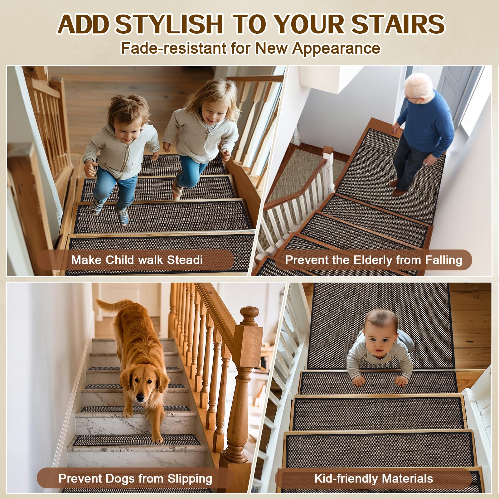 Non Slip Stair Treads for Wooden Steps, Square Rubber Backing Non Slip Stair Landing Mat, Thicken Linen Carpet Stair Runners Indoor, No Residue Stair Carpet Treads, 29"x29", Beige
