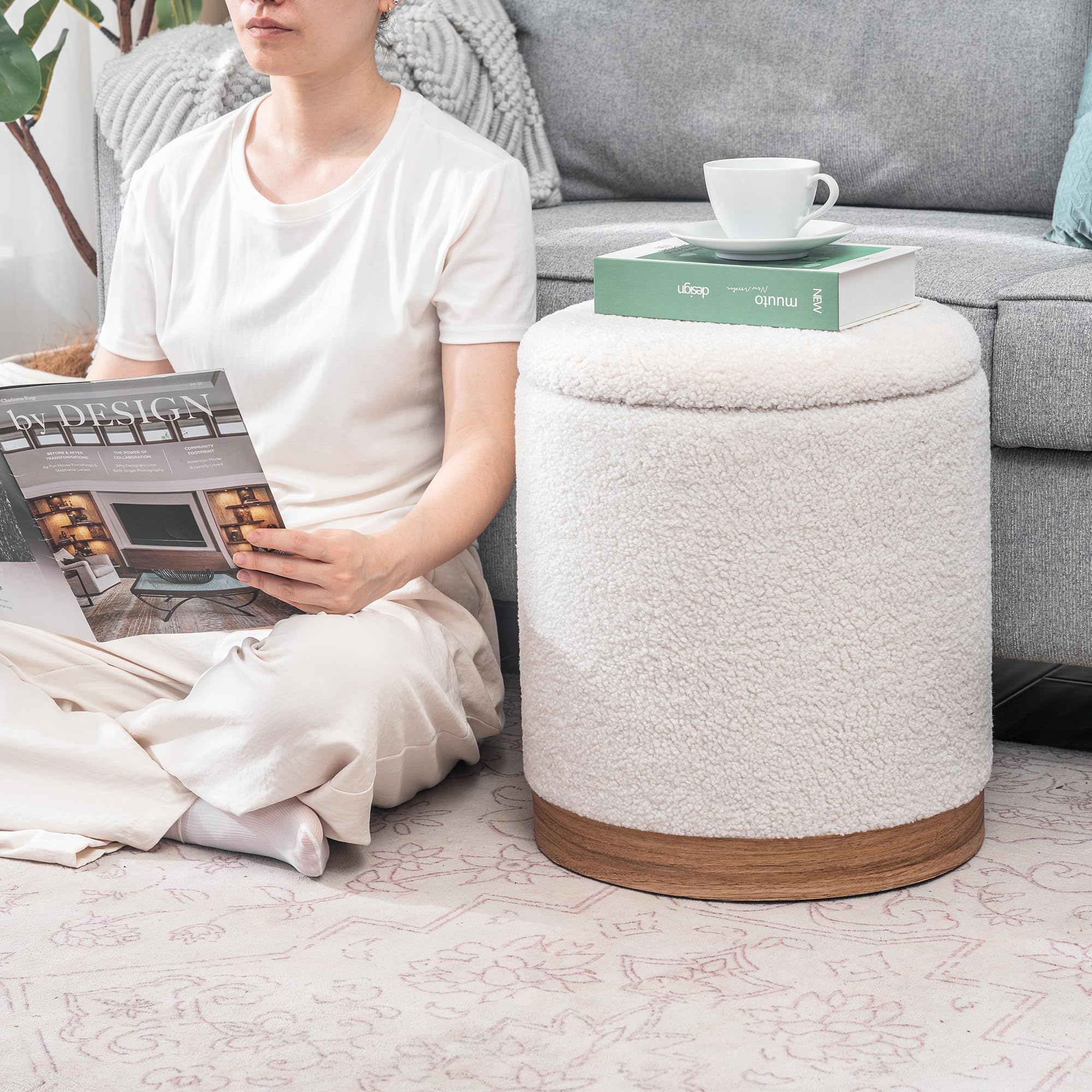 Joveco Boucle Round Ottoman with Storage,Vanity Stool with Storage for Bedroom, Ottoman Coffee Table,Small Boucle Foot Stool for Living Room, Black with Gold Plating