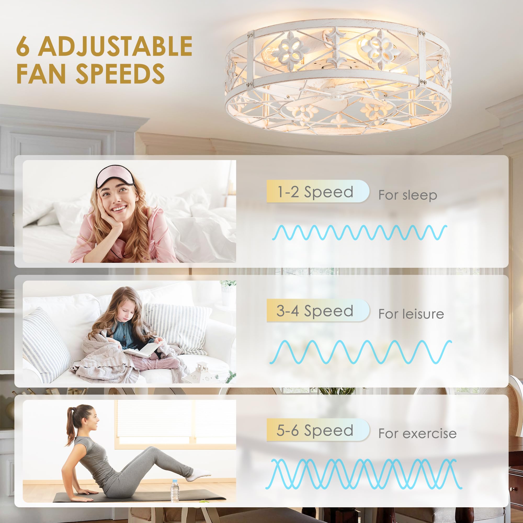 ZYD Caged Ceiling Fan with Light, 20" Ceiling Fan with Lights and Remote Flush Mount, Bladeless Caged Ceiling Fans with Lights, Matte Black Rustic Fan for Bedroom, Kitchen, Dining Room