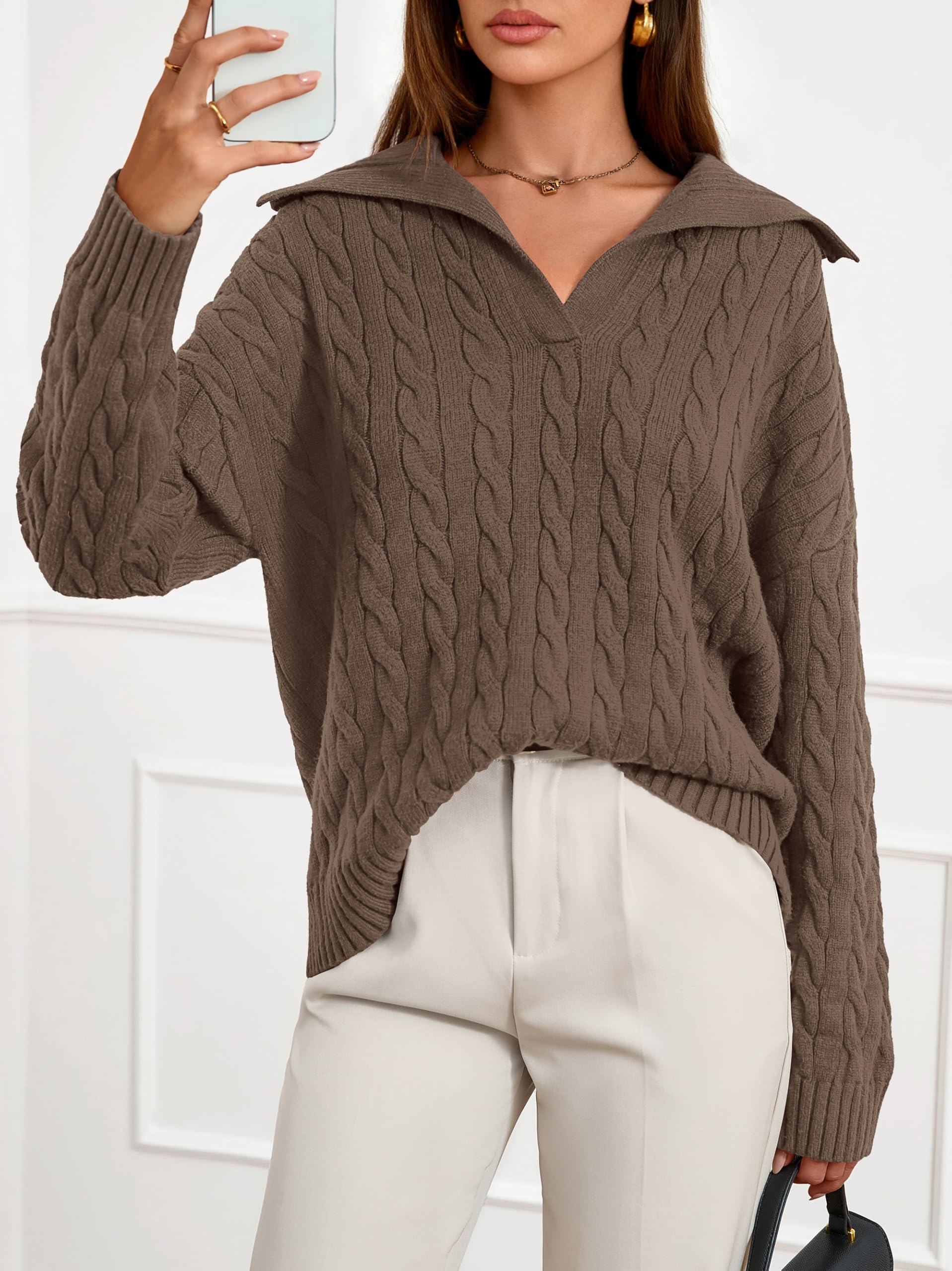 PRETTYGARDEN Spring Cable Knit Oversized Sweaters for Women 2026 Polo V Neck Long Sleeve Casual Chunky Sweater Pullover Tops