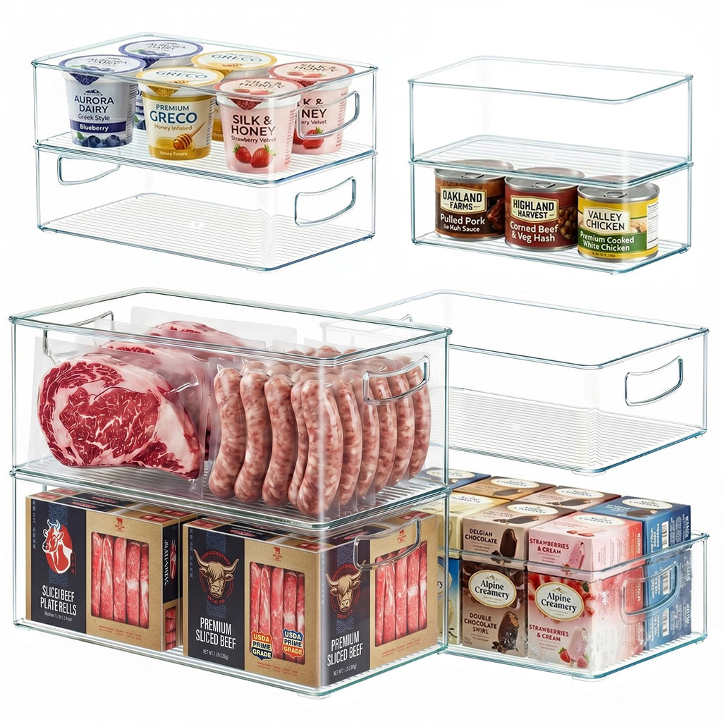 Heyuzb 2 Pack Clear Freezer Organizer Bins Stackable Storage Bins with Side Handles for Kitchen Pantry Cabinet Organzation and Storage