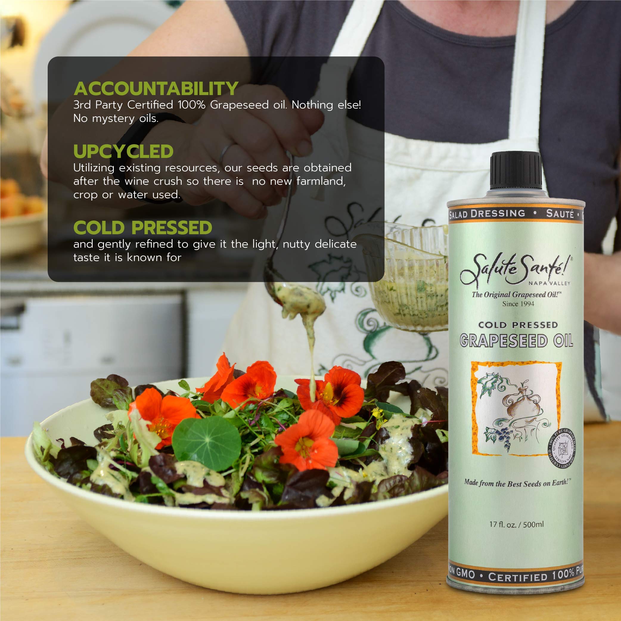 Salute Santé! Cold Pressed Grapeseed Oil – 500 ml 1-Pack — cooking oil, grapeseed oil — High Smoke Point, Neutral Flavor, Ideal for Frying, Baking & Salad Dressings Gourmet kitchen essential