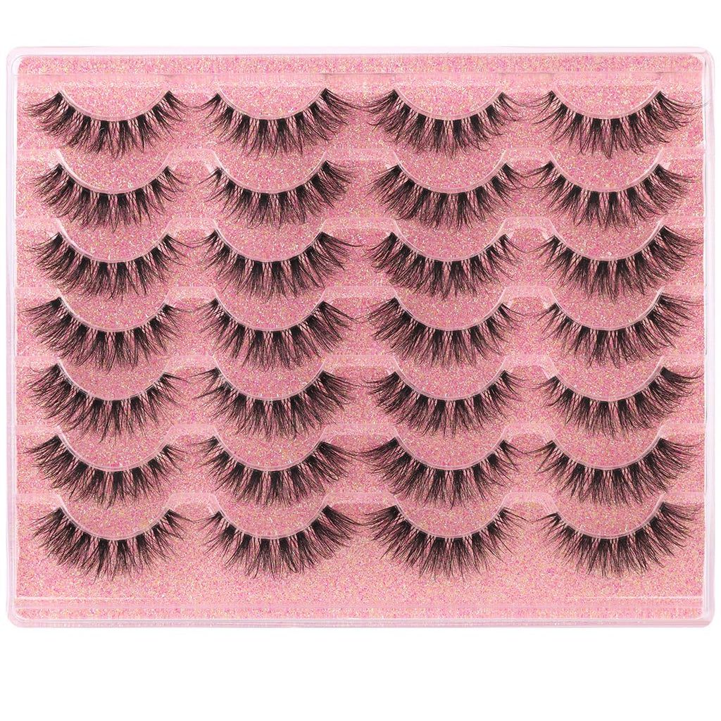 False Lashes Natural Look Wispy Eyelashes Manga Korean Spiky 16mm Short Faux Mink Eyelashes Cat Eye Natural Fake Eyelashes Strip Lashes Pack 14 Pairs