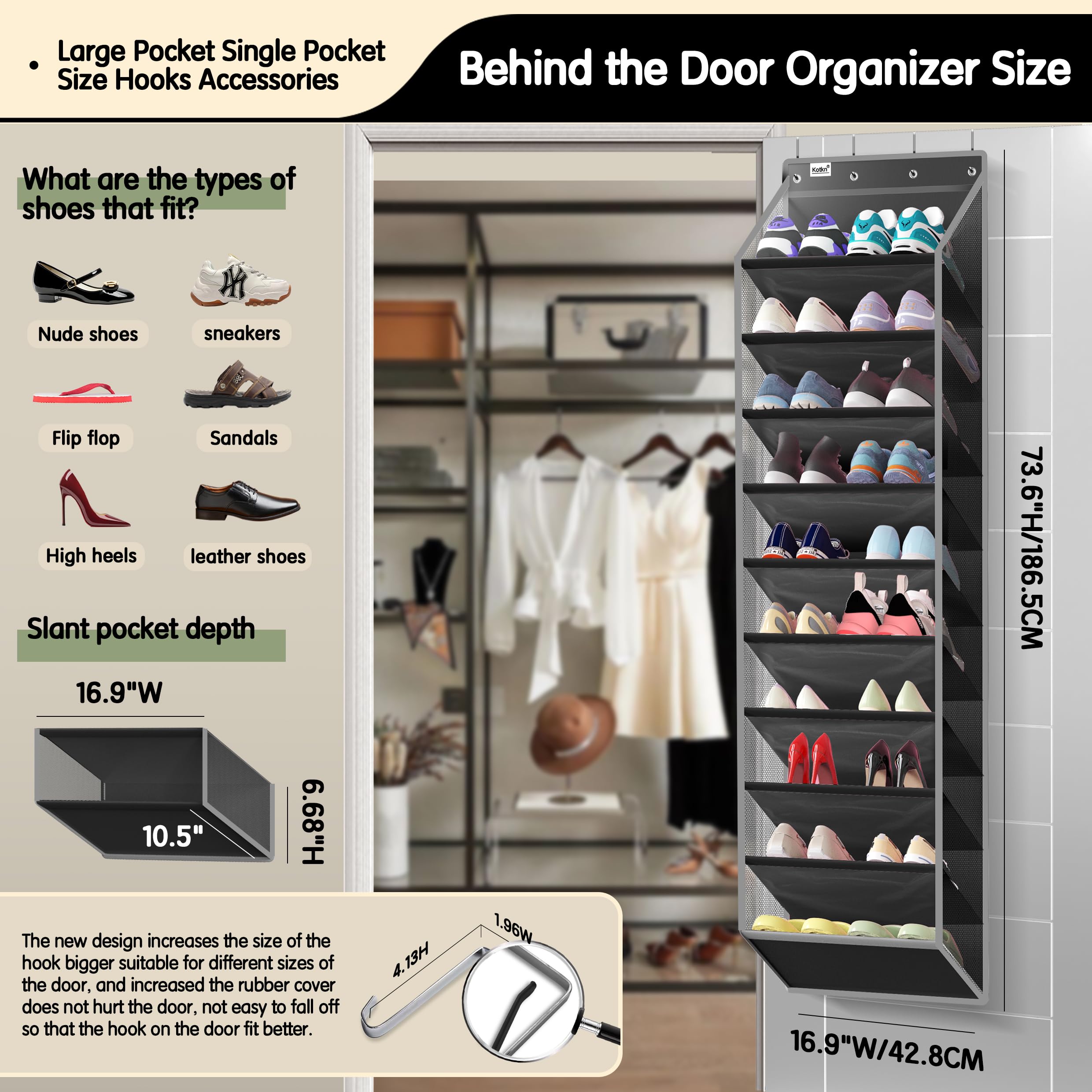 Kotkn 10 Tier Over The Door Organizer - Heavy Duty Hanging Storage Rack with Sturdy Oxford Fabric, Holds 20+ Pairs of Footwear, Boots & Sneakers, Saves 50% Closet Space(Beige)