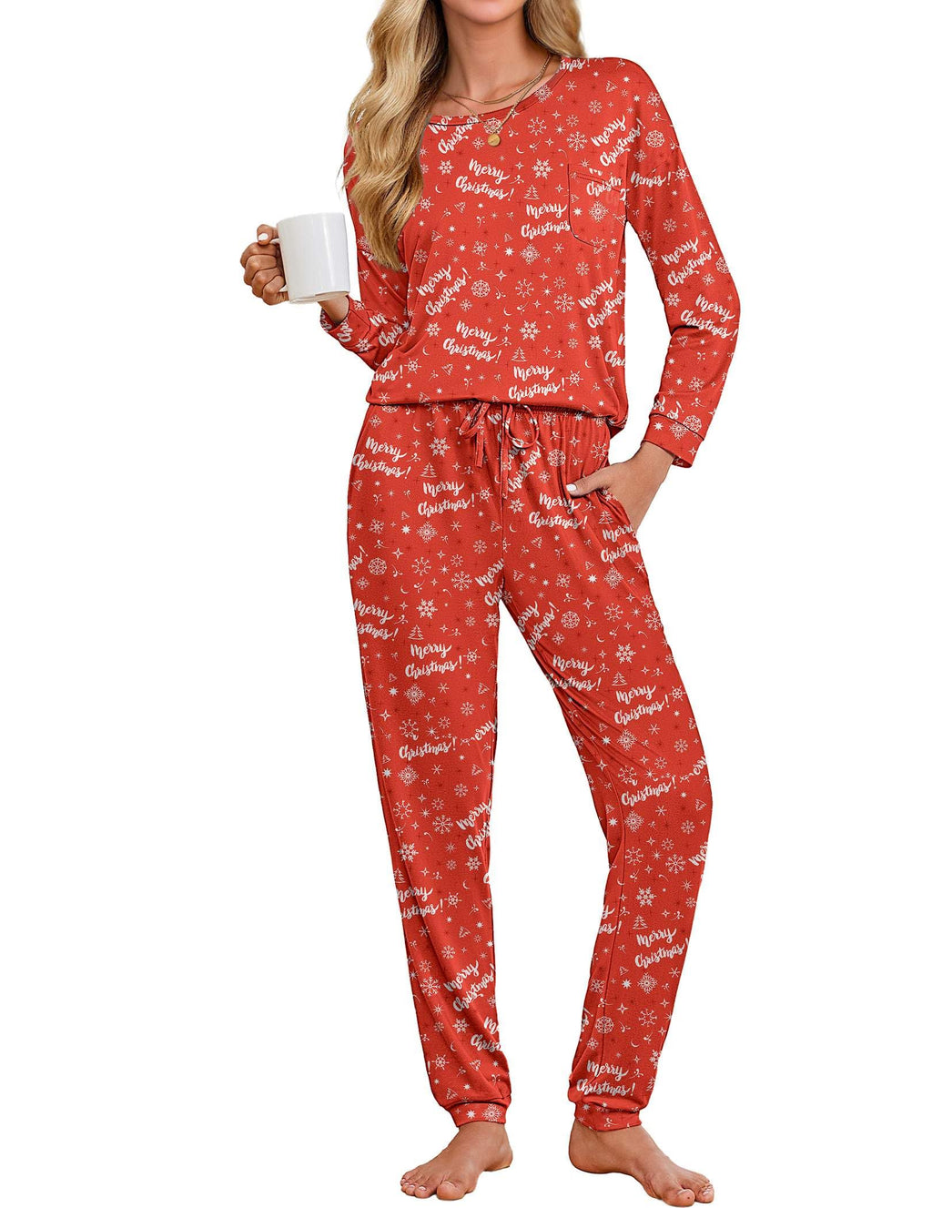 Ekouaer Womens Pajamas Set Long Sleeve Christmas PJ Sets Soft Lounge Set for Women Sleepwear Joggers with Pockets
