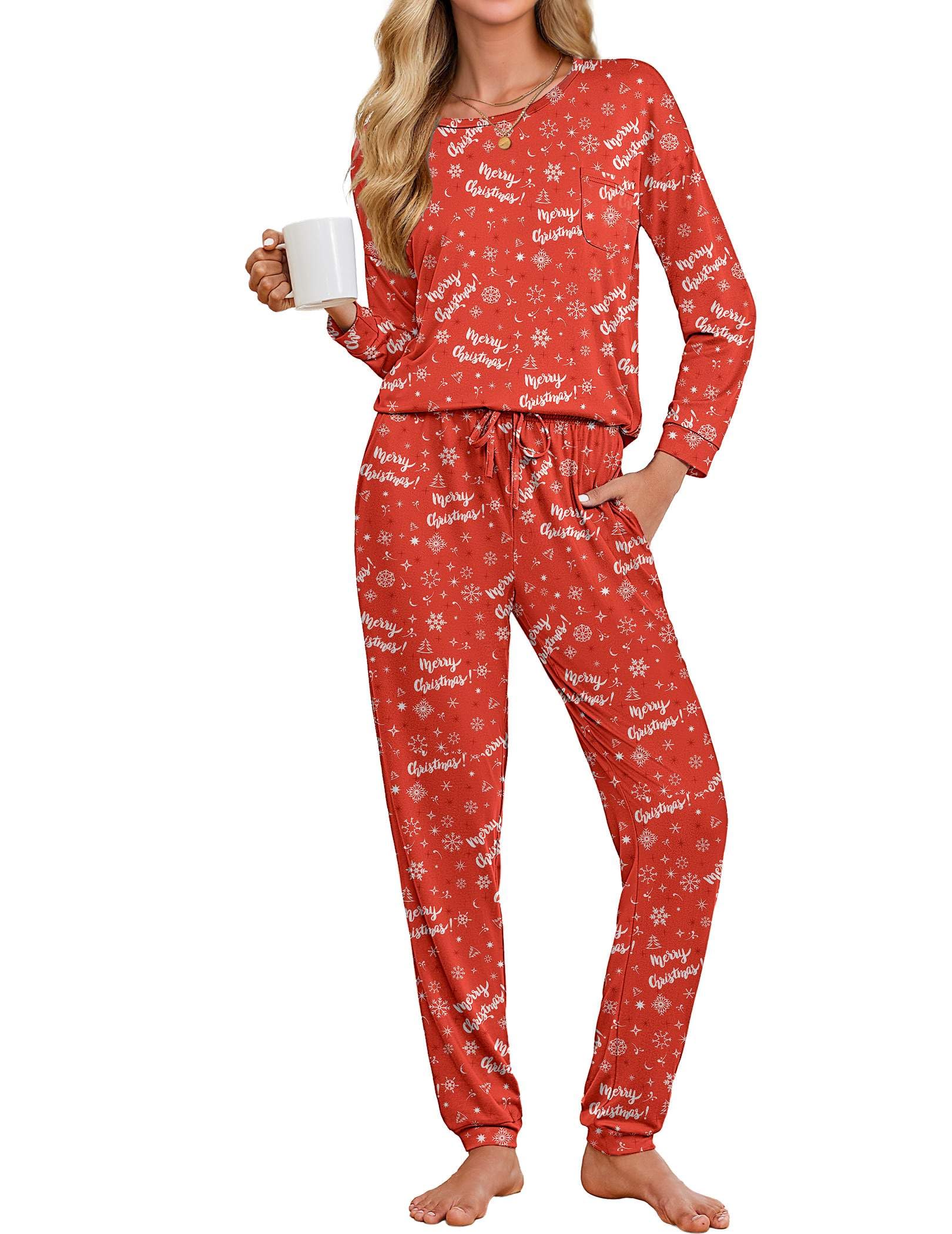Ekouaer Womens Pajamas Set Long Sleeve Christmas PJ Sets Soft Lounge Set for Women Sleepwear Joggers with Pockets