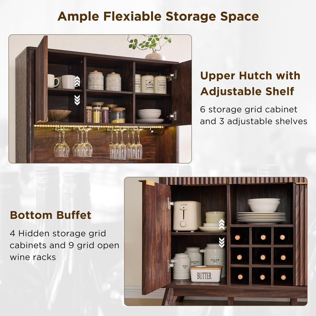 OKD 72" Tall Fluted Coffee Bar Cabinet with Ample Storage, Modern Buffet Sideboard with Glass Holder/Wine Rack/Led Lights/Charging Station, Wine Cabinet for Kitchen, Dining Room, Home Bar, Dark Walnut