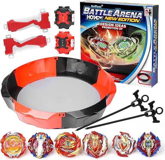 Battle Burst Tops Set with 17.8 Inch Large Stadium, 6 Spinning Tops with Two Launchers, Complete Battle Set (Red)