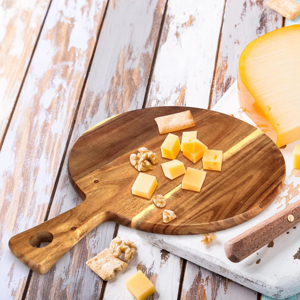 Acacia Wood Cutting Board with Handle Wooden Chopping Board Round Cutting Boards for Kitchen Decor Large Charcuterie Board Tray Teak Meat Cheese Board Bread Serving Platter Butcher Block Pizza Board