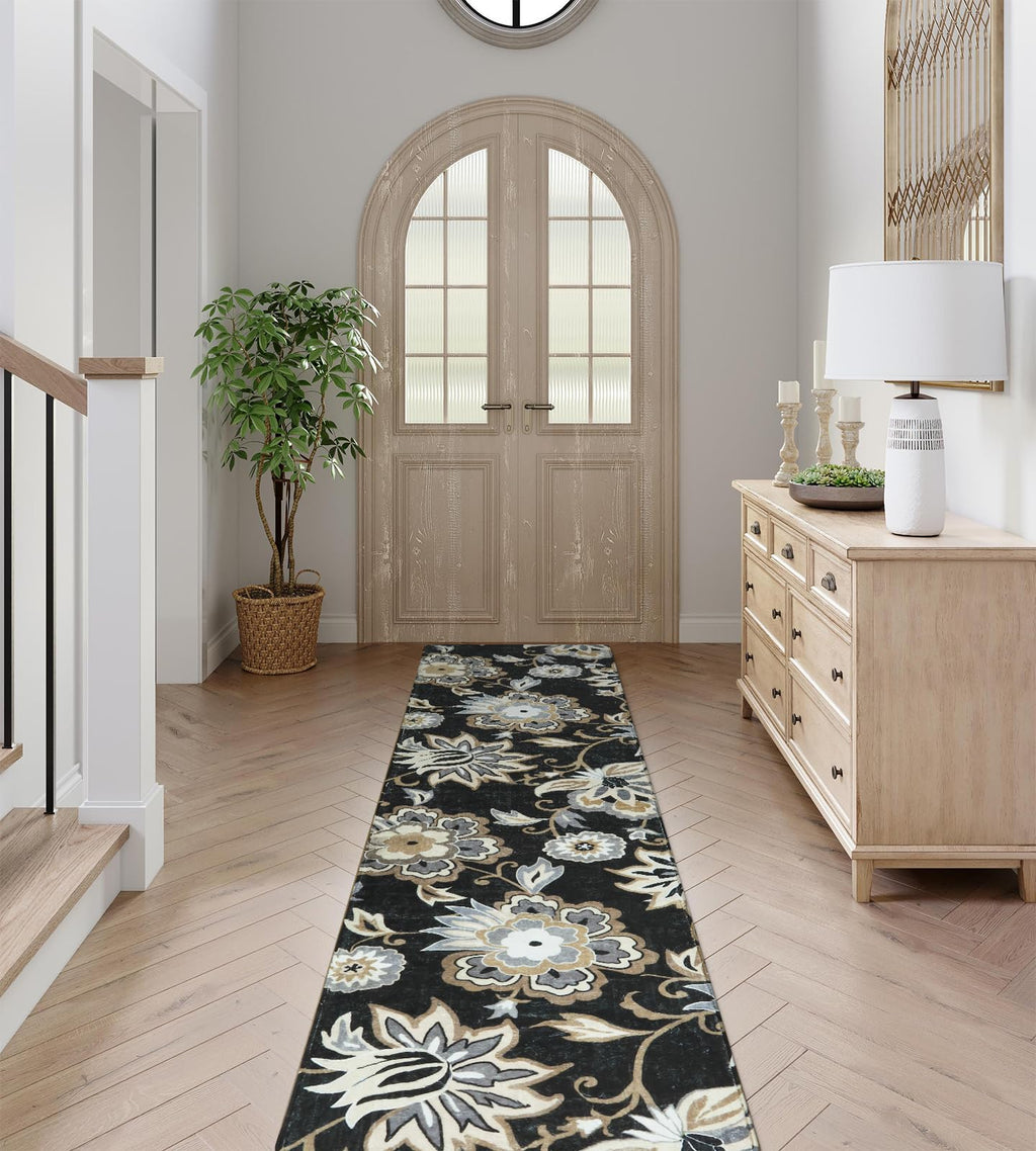 Lahome Floral Washable Area Rugs - 2x3 Non-Slip Small Entryway Rug Indoor, Throw Stain Resistant Kitchen Rugs Soft Black Paisley Print Bathroom Mats DoorMat Carpet for Bedroom Laundry Living Room Sink