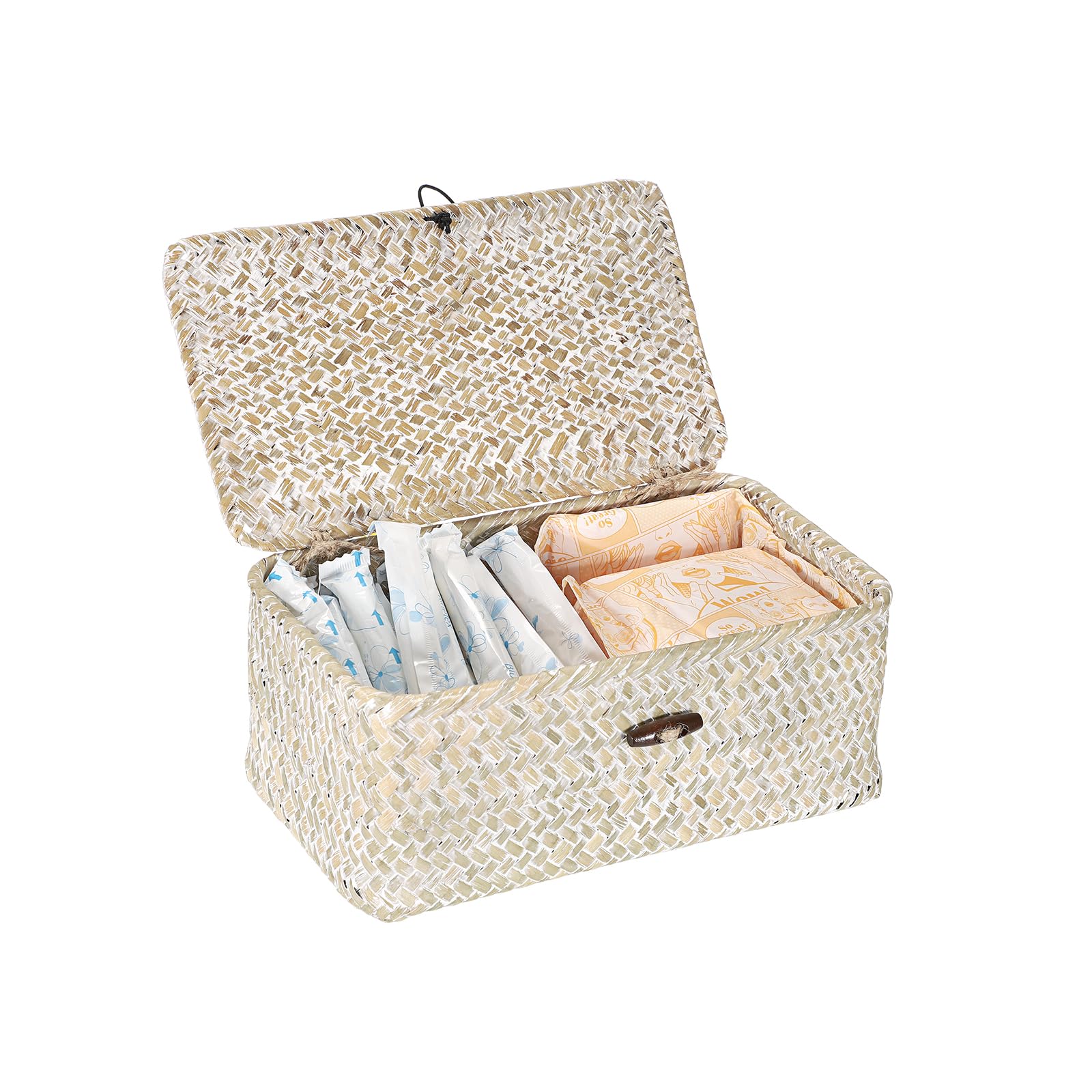 Sumnacon Wicker Basket with Lid Rectangle Woven Baskets for Toiletries Tampon Storage,Wicker Storage Basket with Lid,Decorative Seagrass Storage Baskets for Shelf Bathroom Toilet Table, Caramel