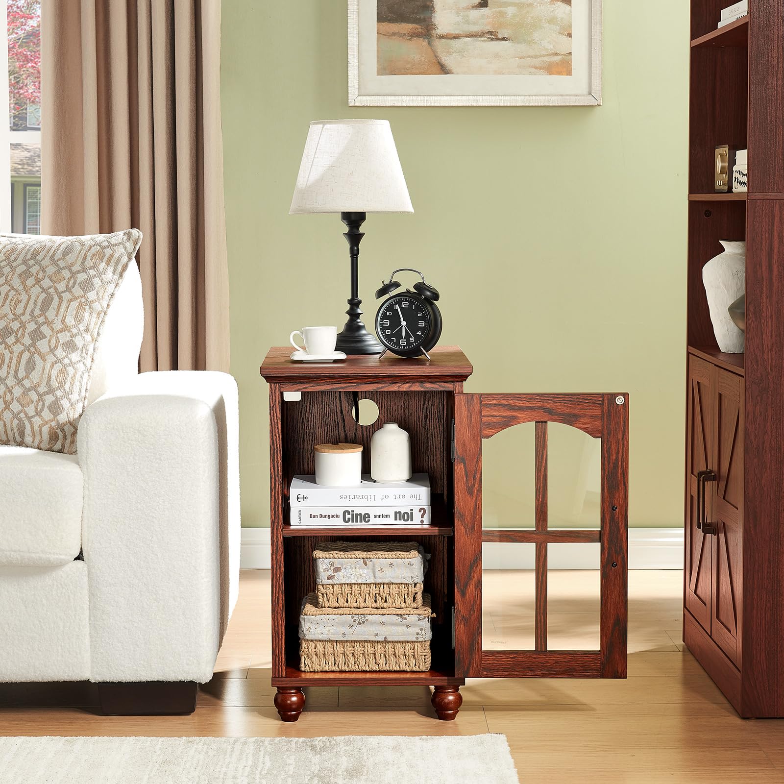 Narrow Side Table,Farmhouse Nightstand with Charging Station,Wood End Table with Glass Barn Door Storage, Cabinet Organizer with Adjustable Shelf, Night Stand for Small Spaces for Living Room Bedroom