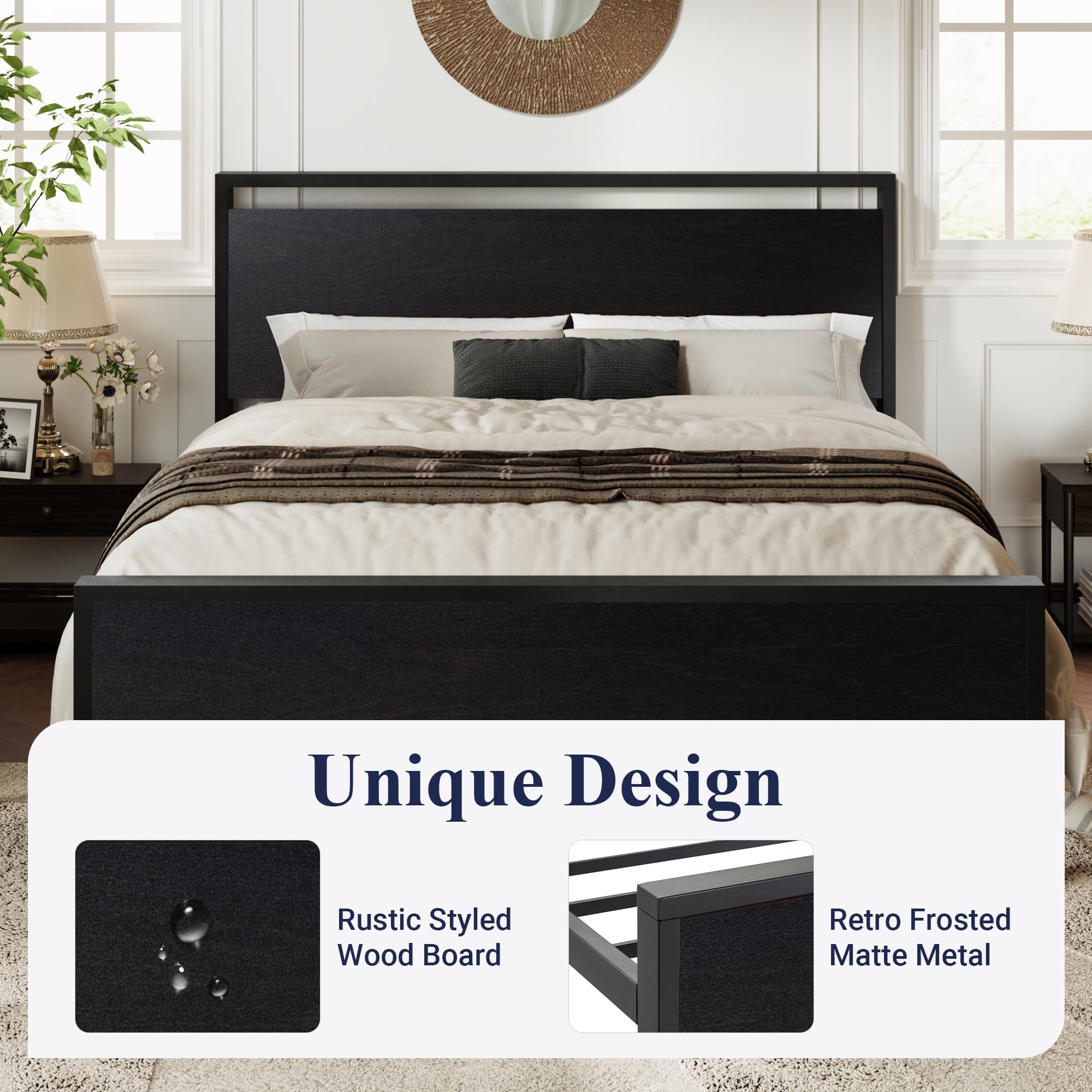 Allewie Twin Size Platform Bed Frame with Wooden Headboard and Footboard, Heavy Duty Metal Slats Support, No Box Spring Needed, Under-Bed Storage, Noise Free, Easy Assembly, Black Oak