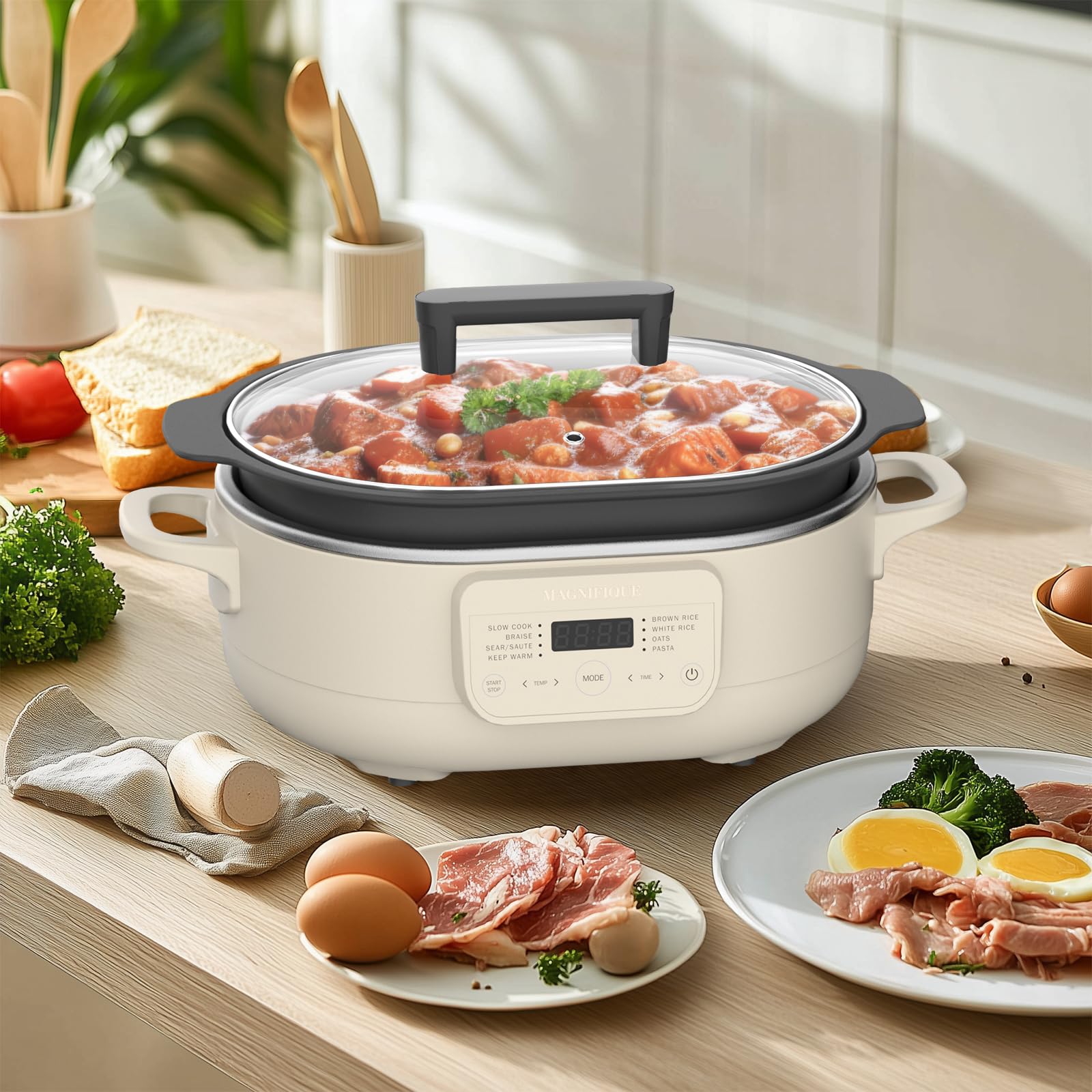 MAGNIFIQUE 6 Quart Multi-Cooker, with 8-in-1 Casserole Programmable Slow Cooker, Dutch Oven, Pasta, Nonstick, Oven Safe Pot to 500°F Brown Sugar