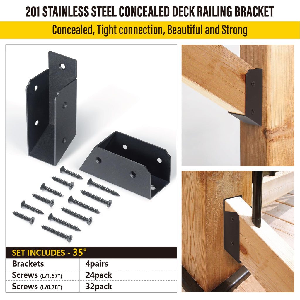 AECXM 201 Stainless Steel 2" x 4" (1 ½" x 3 ½" Actual) Deck Railing 27.5° Stair Connectors, for Deck Railing Stair Handrail Connection Installation Deck Railing Bracket (4 Pair-Black)