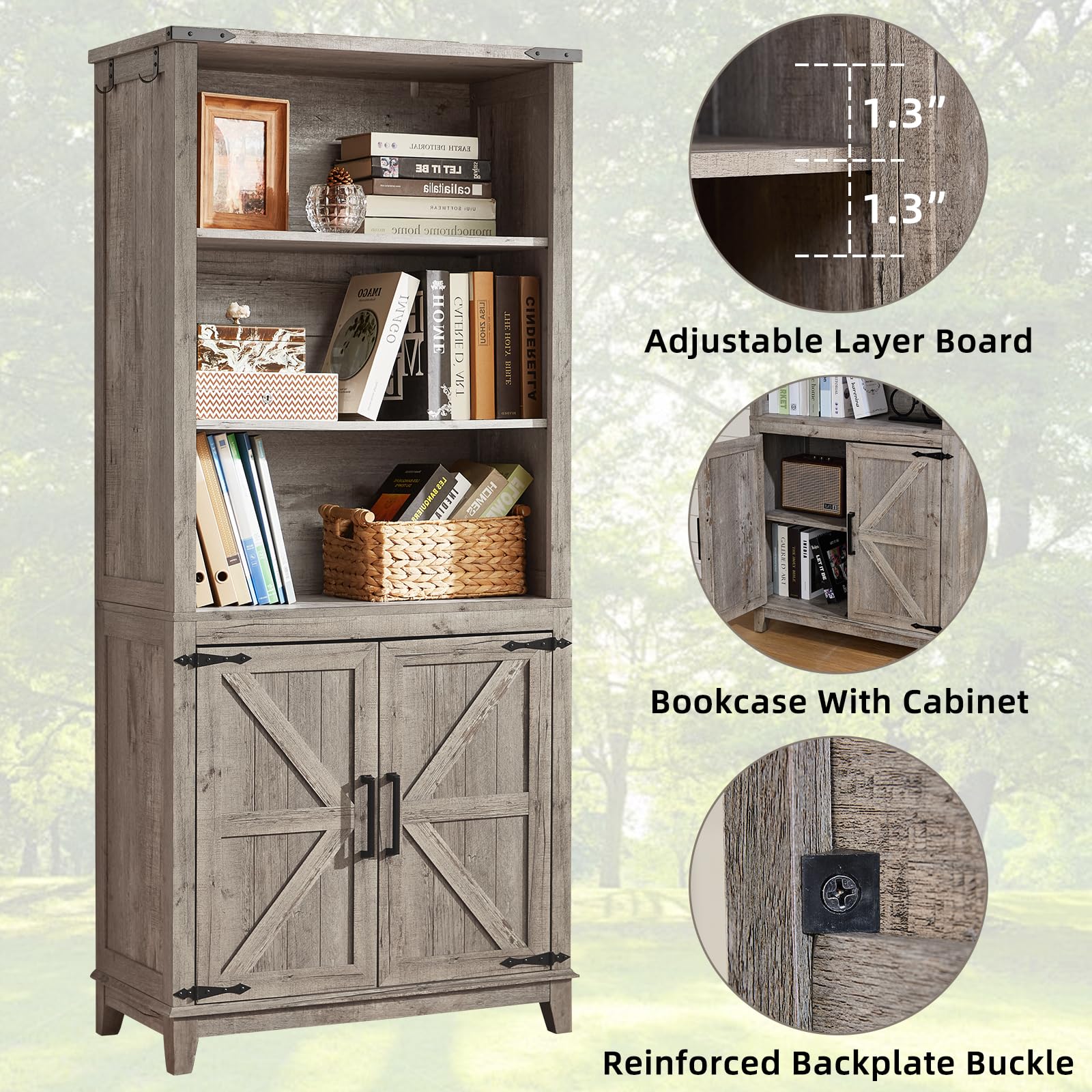 Joaxswe 70in Tall Bookshelf 5 Tier Bookcase with Barn Doors and Adjustable Shelves, Black Farmhouse Book Shelf with Storage Cabinet, Wood Freestanding Display Bookshelves for Bedroom, Living Room