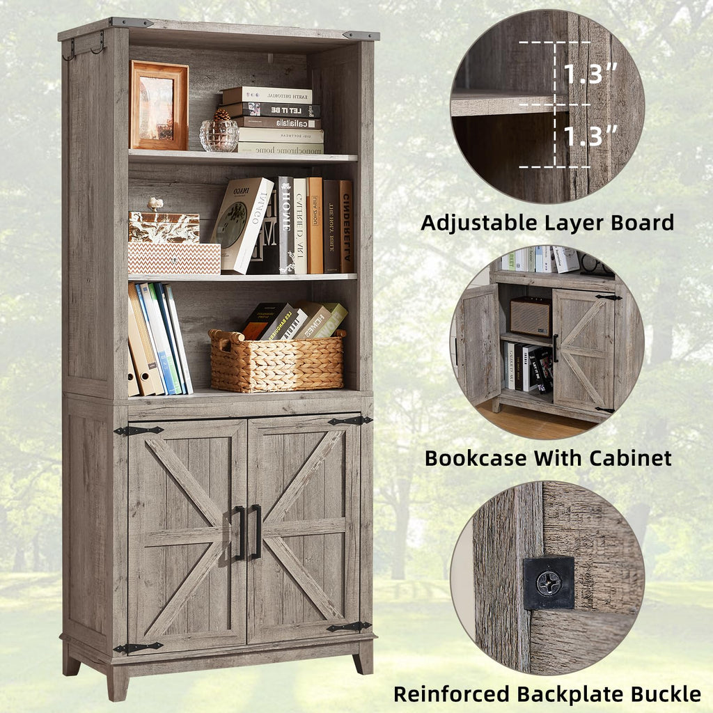 Joaxswe 70in Tall Bookshelf 5 Tier Bookcase with Barn Doors and Adjustable Shelves, Black Farmhouse Book Shelf with Storage Cabinet, Wood Freestanding Display Bookshelves for Bedroom, Living Room