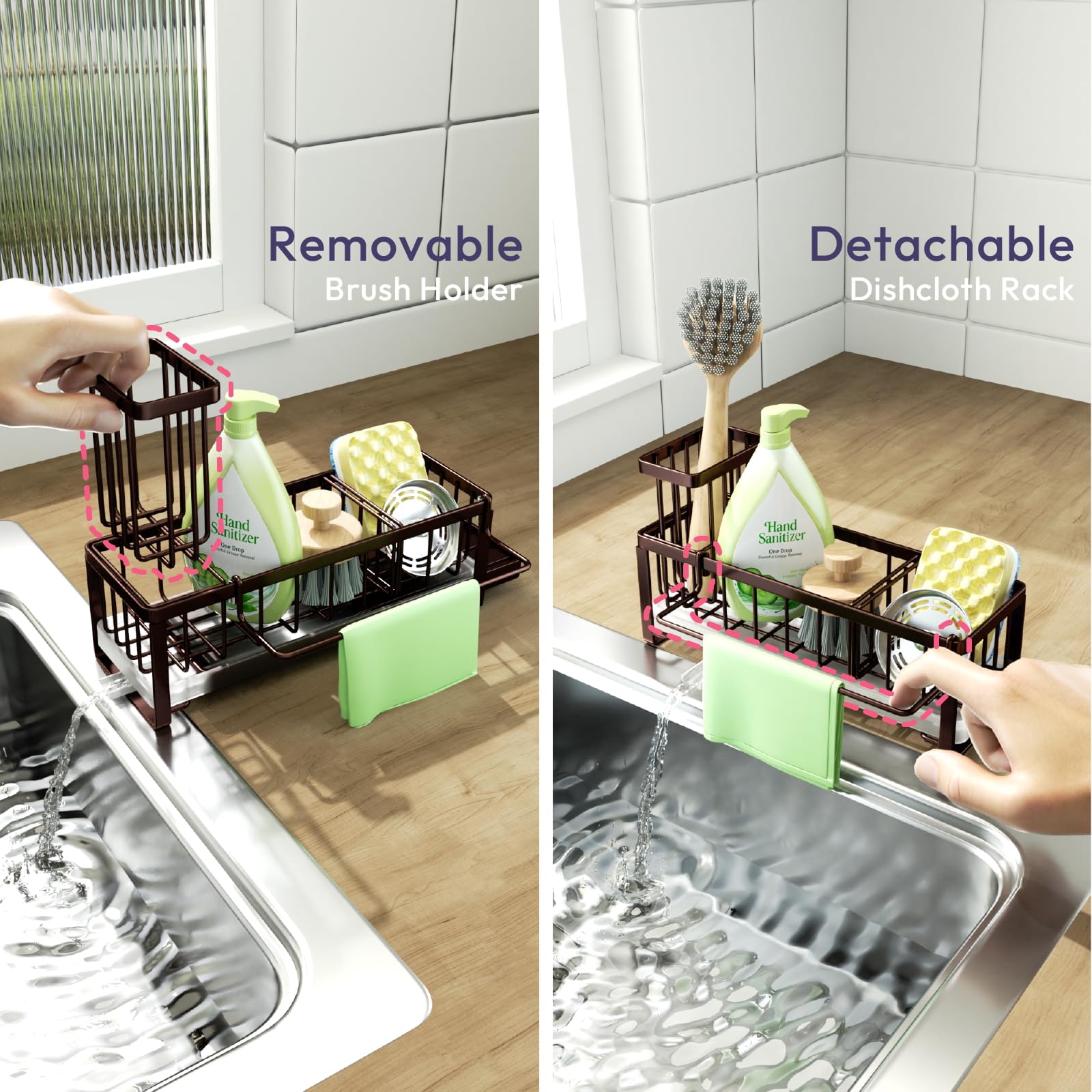 SWTYMIKI Sponge Holder for Kitchen Sink - Sink Caddy with Brush Holder Self-draining Sponge Caddy Organizer with Divider Stainless Steel Kitchen Accessories Storage for Countertop, Black