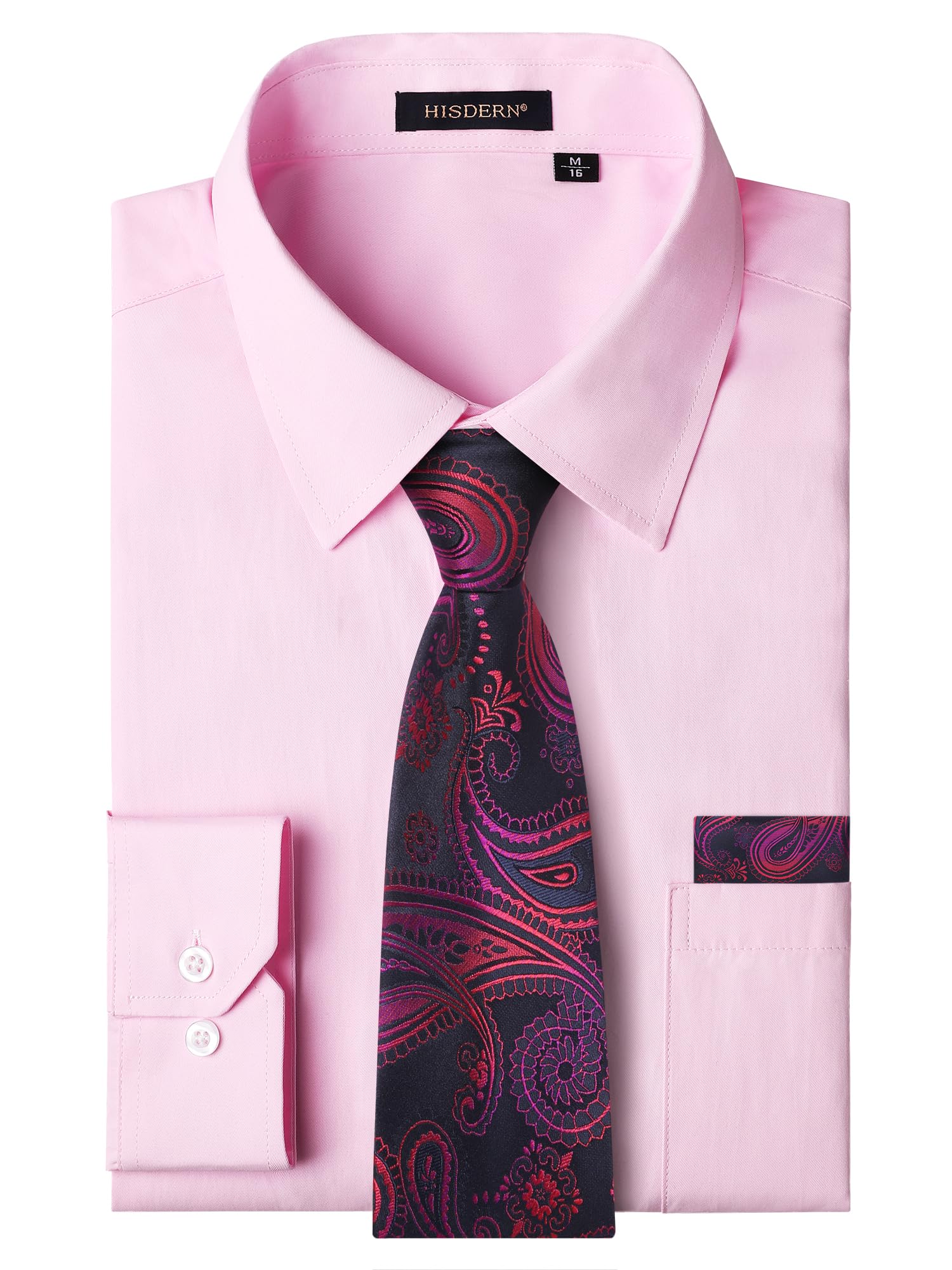 HISDERN 503 Mens Dress Shirt Slim Fit Long Sleeve Button Down Wrinkle Free Set with Tie Pocket Square Formal Business Wedding
