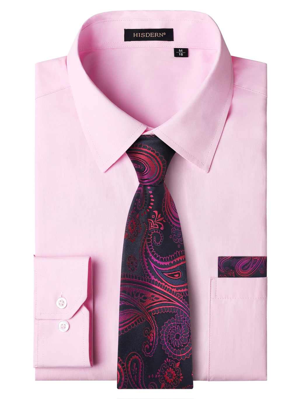 HISDERN 503 Mens Dress Shirt Slim Fit Long Sleeve Button Down Wrinkle Free Set with Tie Pocket Square Formal Business Wedding