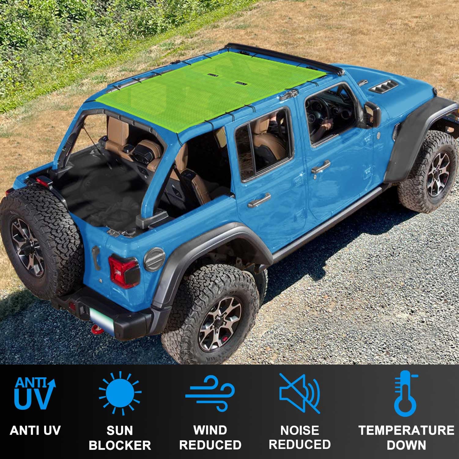 JT Top Sun Shade Roof Compatible with Jeep Gladiator 4 Door 2018 to 2023 Sunshade Sunroof Bikini Cover Blocks UV Wind Noise Black Mesh for Front and Rear 2 pcs