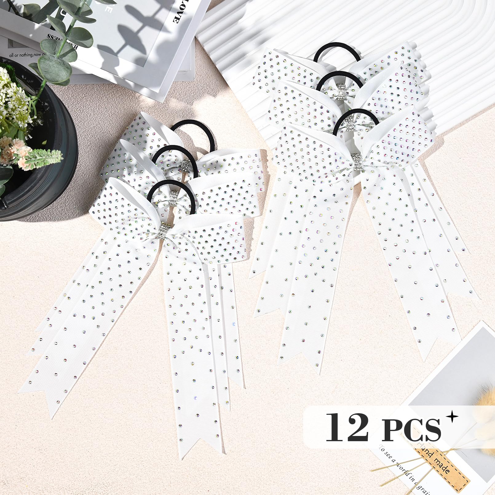DEEKA 12 Count Collegiate Style Cheer Bows, Forest Green with Rhinestones, Handmade Bows for Girls Teens Cheerleader Sports